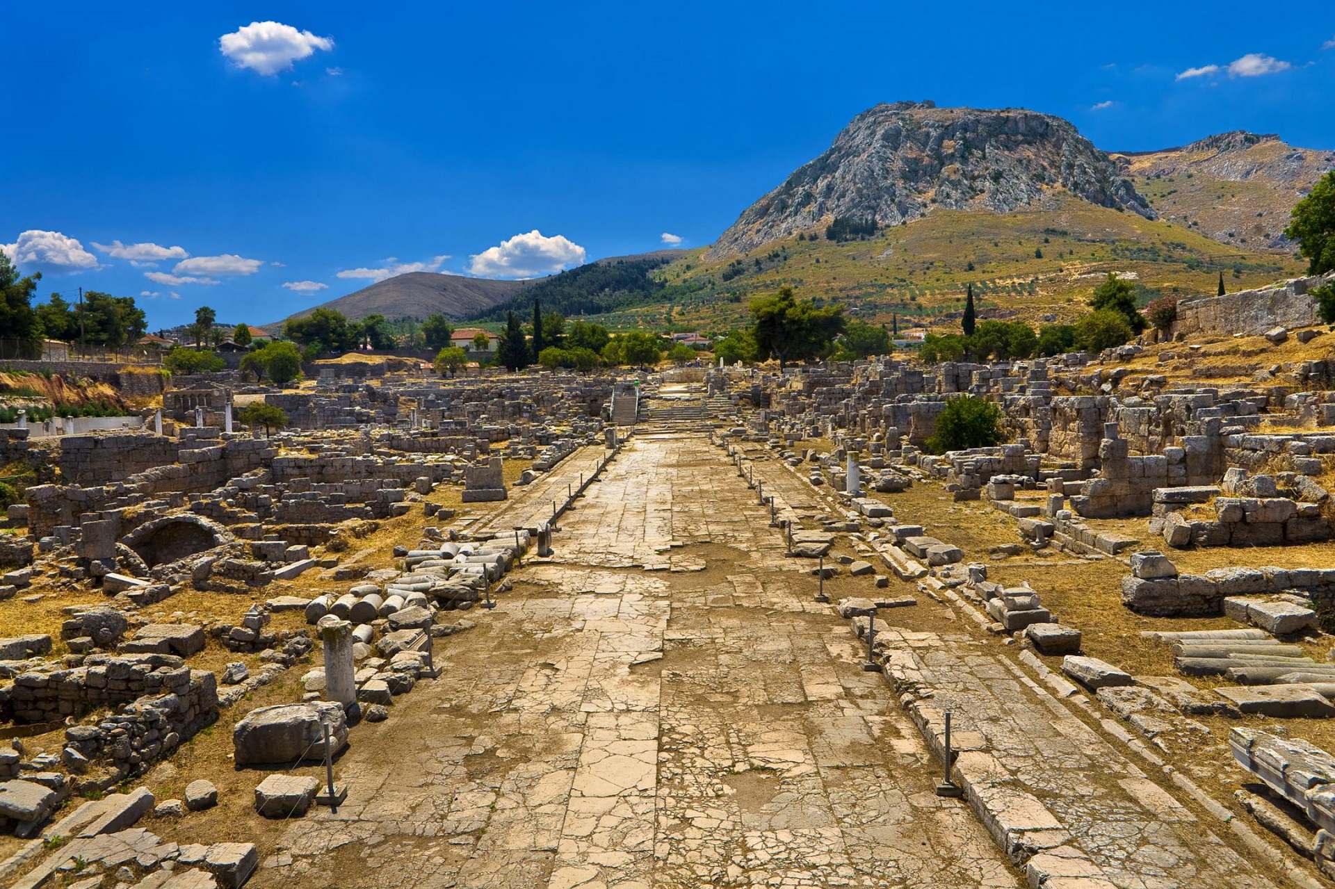 Corinth Greece Ruins Path Clouds Sky Rocks 1920x1279