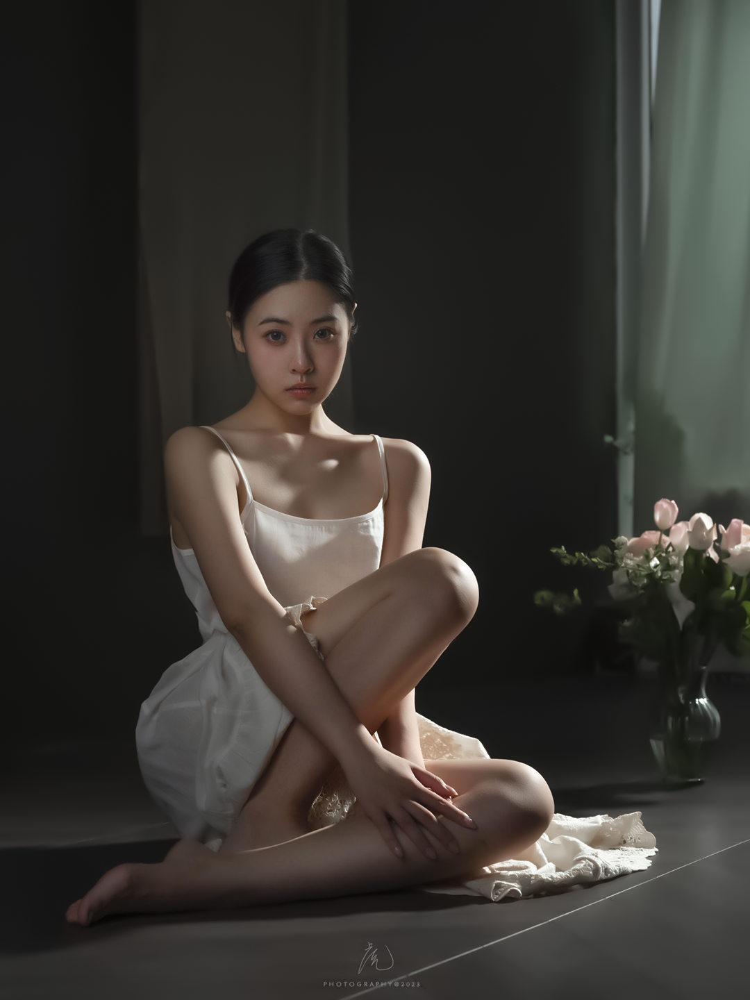 Lee Hu Women Asian Dark Hair White Clothing Barefoot Flowers 1080x1440
