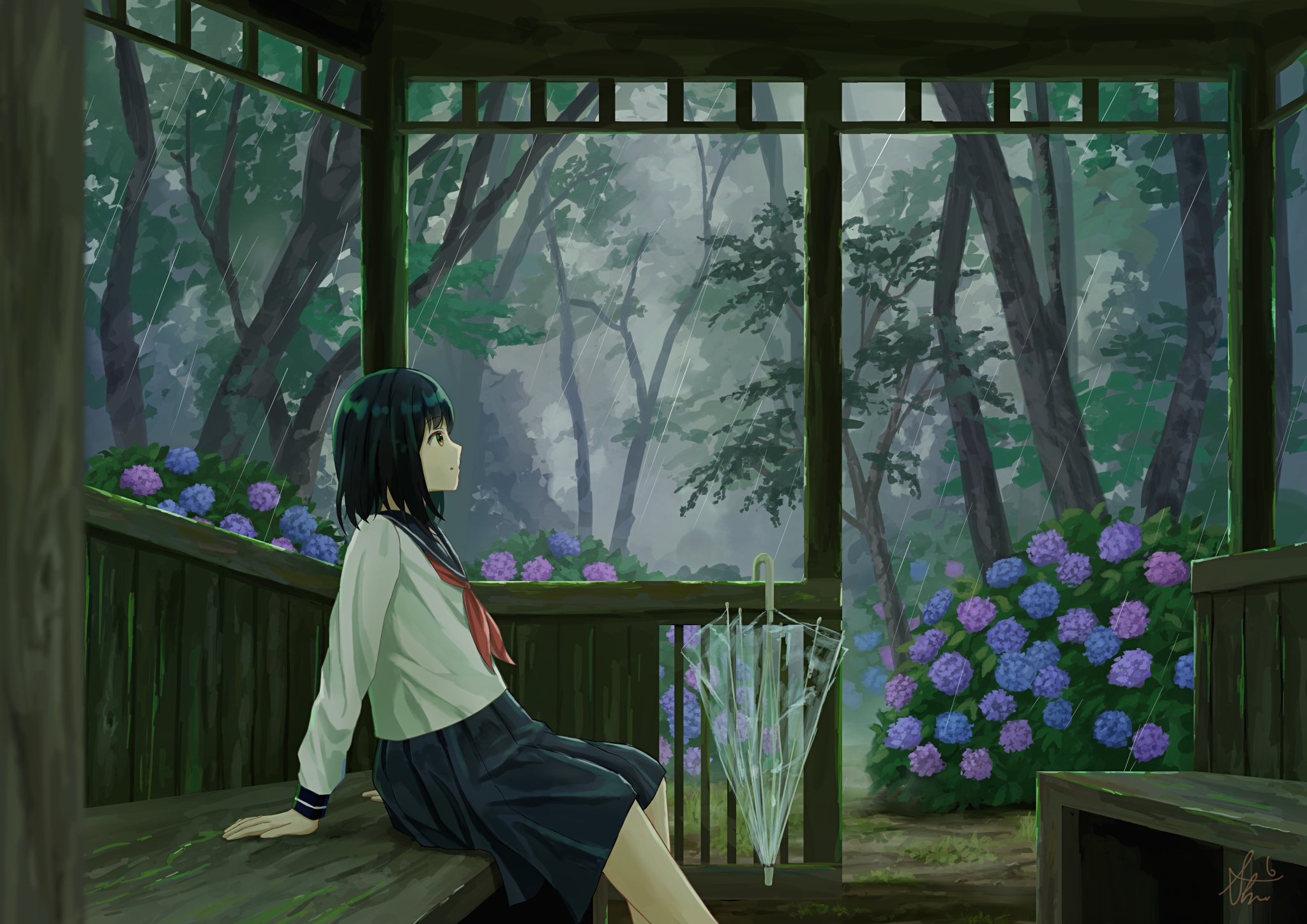 Pixiv Artwork Anime Girls Flowers Schoolgirl School Uniform Looking Away Rain Sitting Trees Umbrella 2047x1447