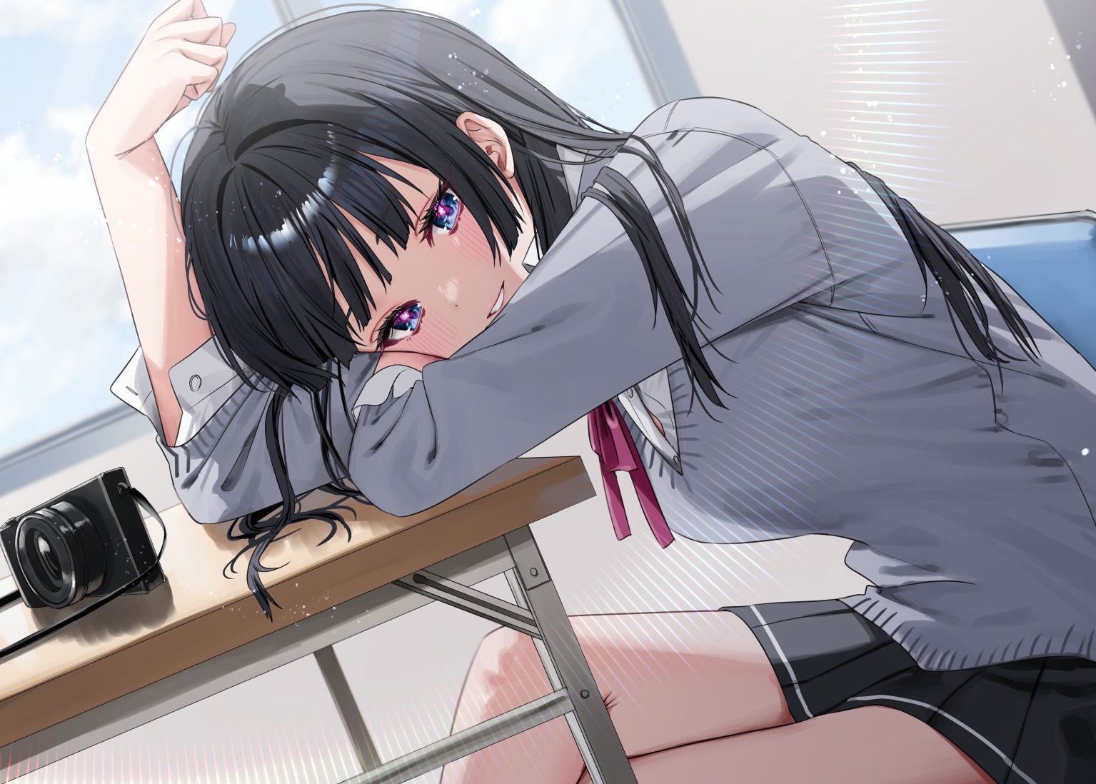 Anime Anime Girls Schoolgirl School Uniform Looking At Viewer Smiling Camera Long Hair Sitting Windo 1535x1098