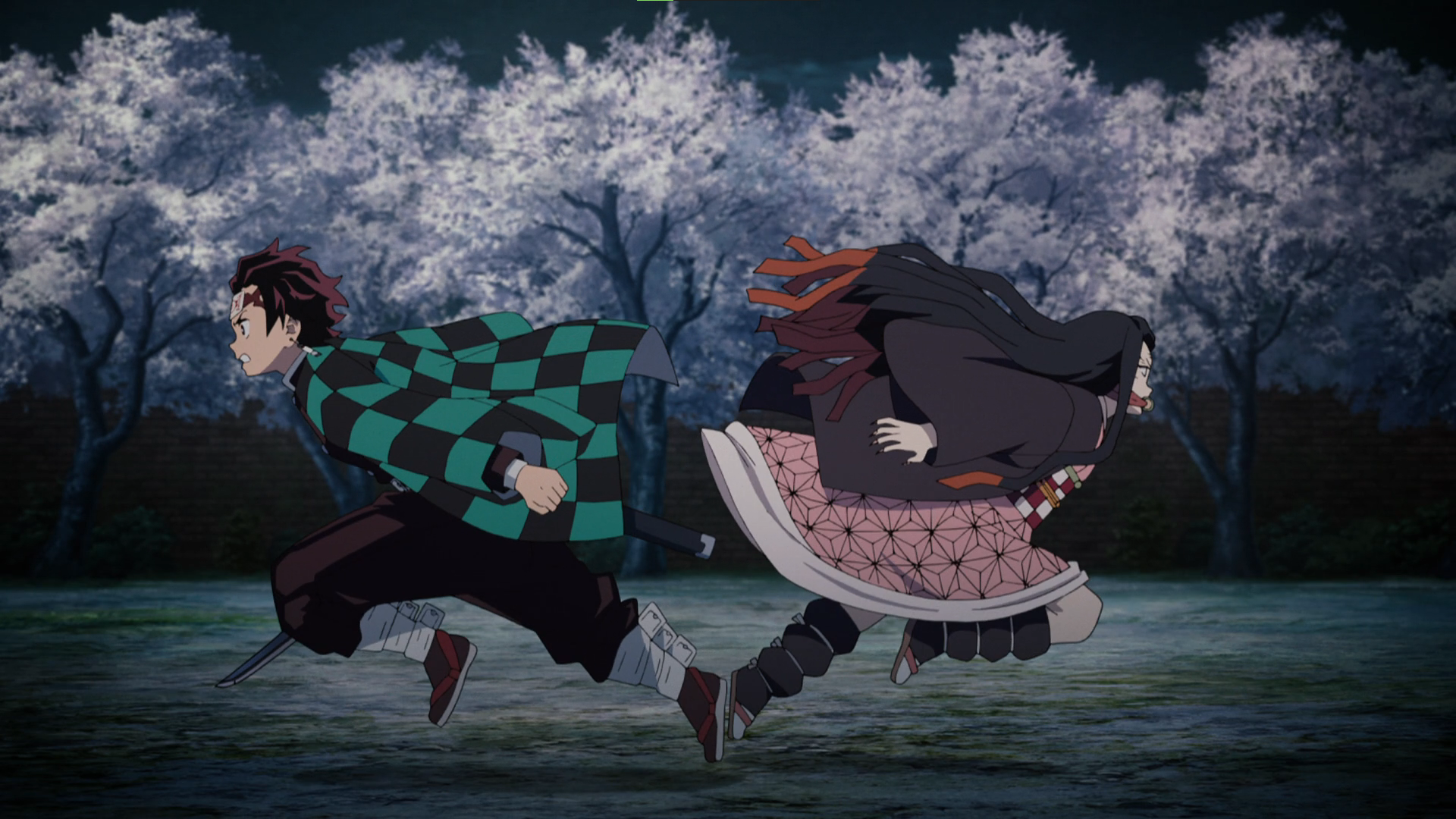 Kimetsu No Yaiba Kamado Tanjiro Kamado Nezuko Siblings Kimono Sword Earring Trees Anime Anime Screen 1920x1080