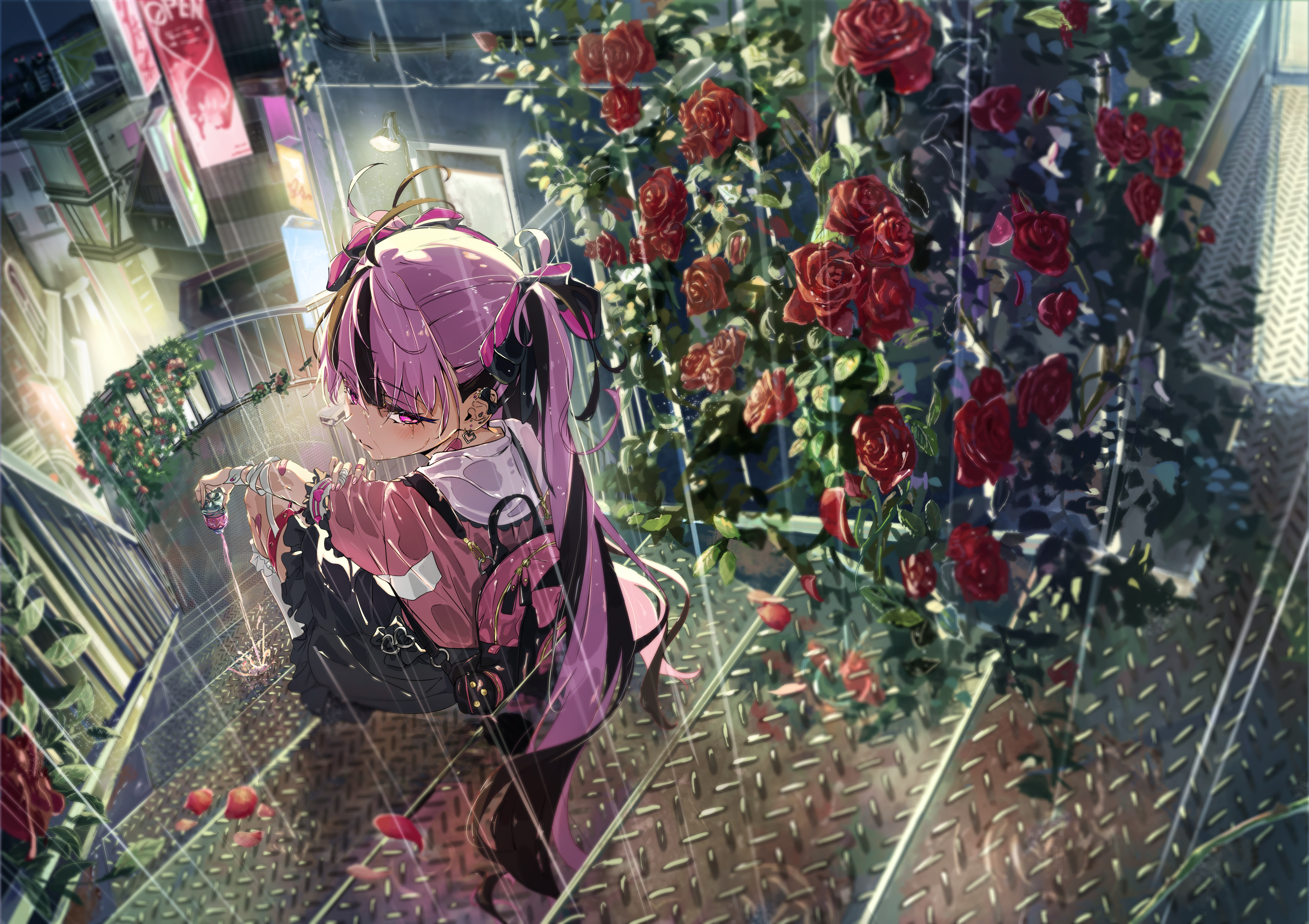 Anime Girls Looking Back High Angle Two Tone Hair Red Flowers Rain Women Outdoors Rose Stairs City C 5016x3541