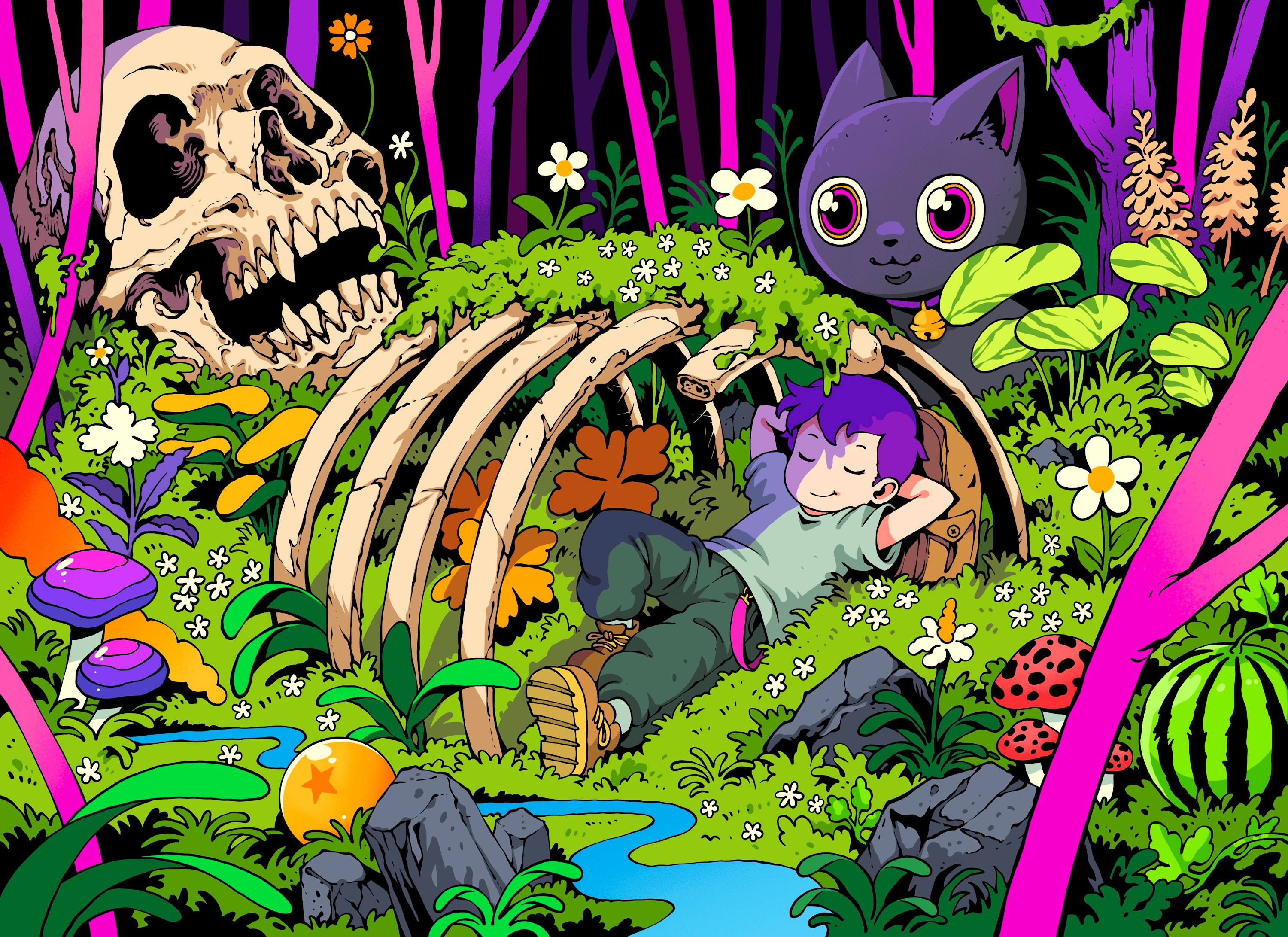 Benangbaja Digital Art Artwork Illustration Skull Skeleton Fantasy Art Forest Cats Sleeping Plants F 3000x2182