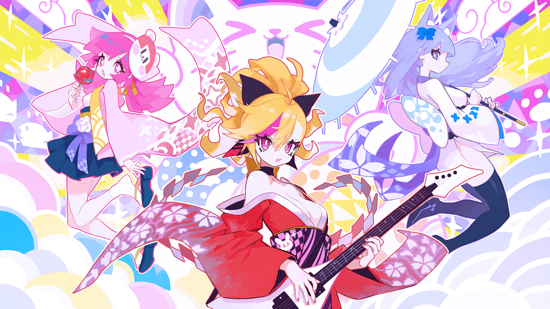 MuseDash Anime Girls Kawai Artist Music Colorful Guitar Musical Instrument Candy Apple Umbrella Fox  1920x1080
