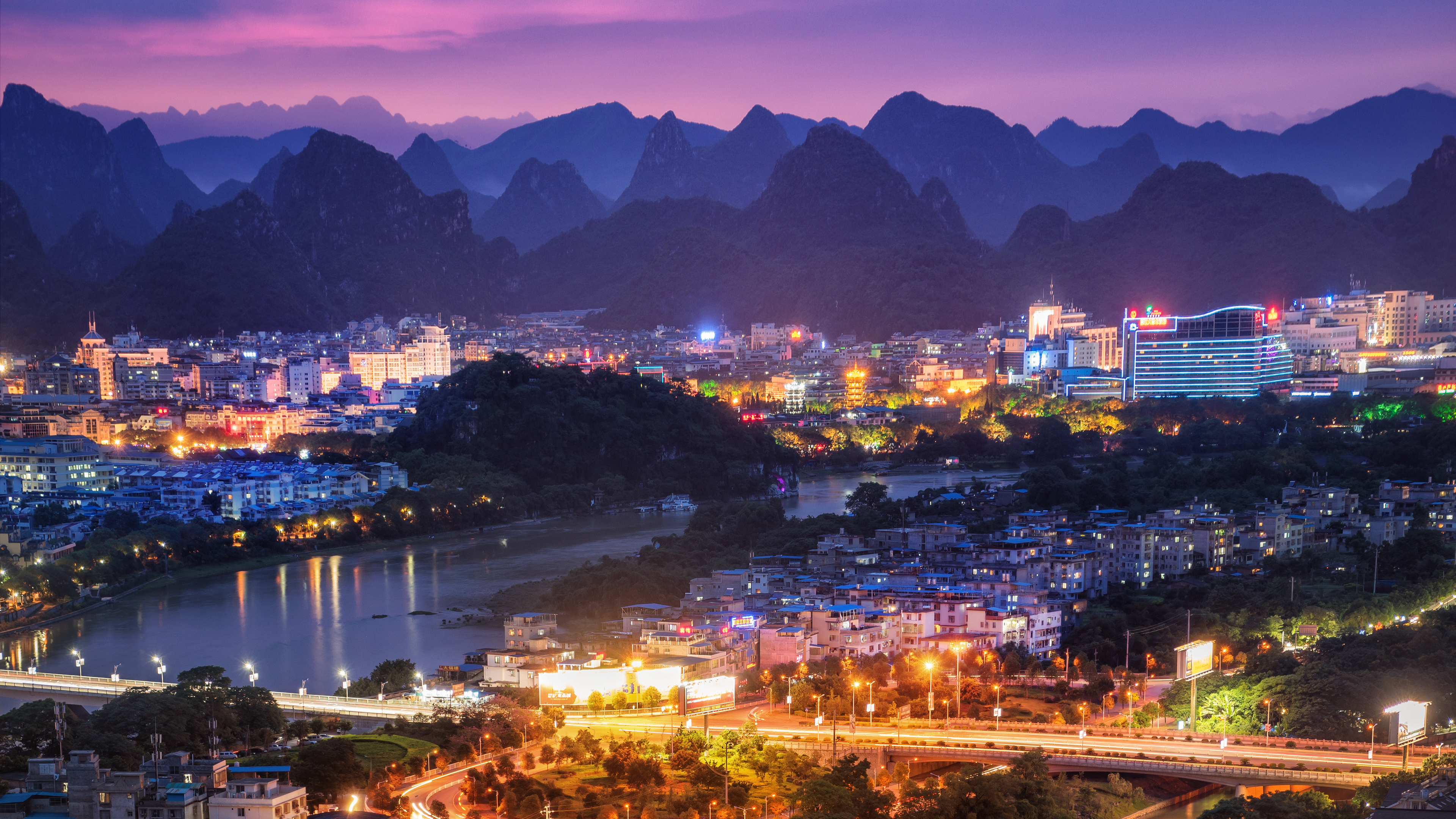 Cityscape 4K Building Water Night Lights Mountains Hills Bridge River Guilin China City 3840x2160