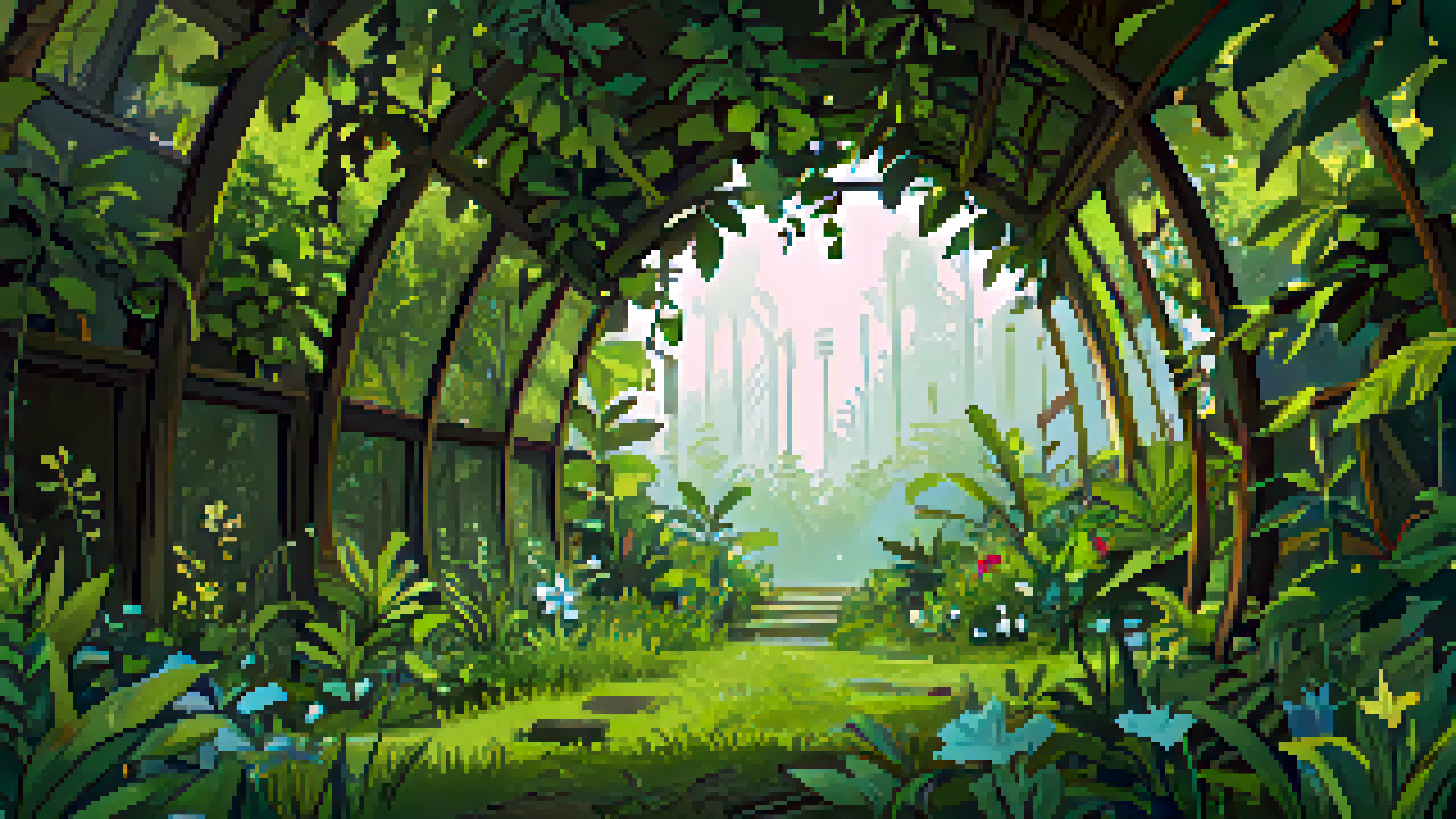 Digital Art Artwork Pixel Art Pixelated Pixels Garden Plants Leaves Greenhouse Glass Flowers Grass 5120x2880