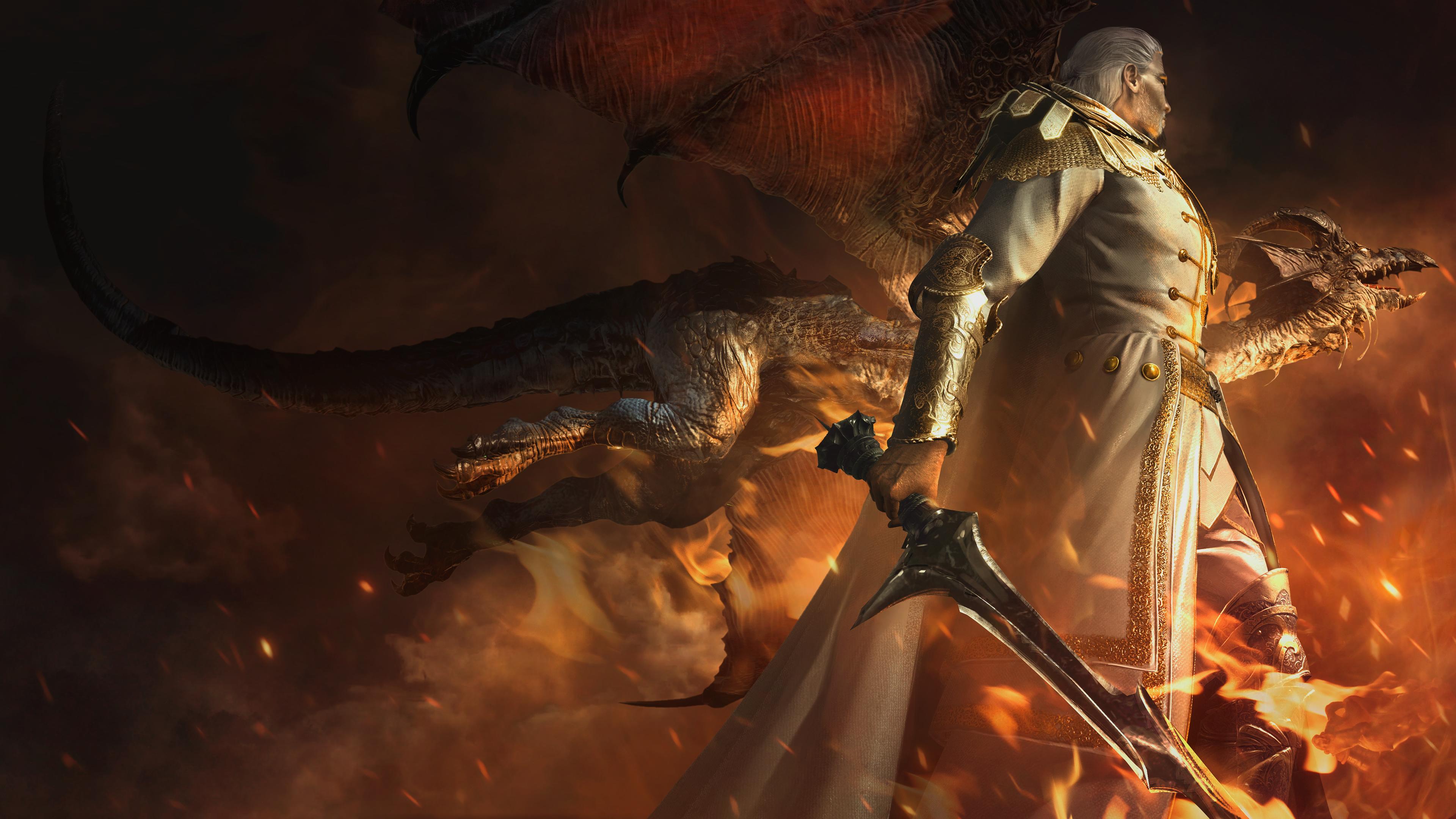 Demons Souls Video Games Video Game Characters CGi Sword Dragon Fire 3840x2160