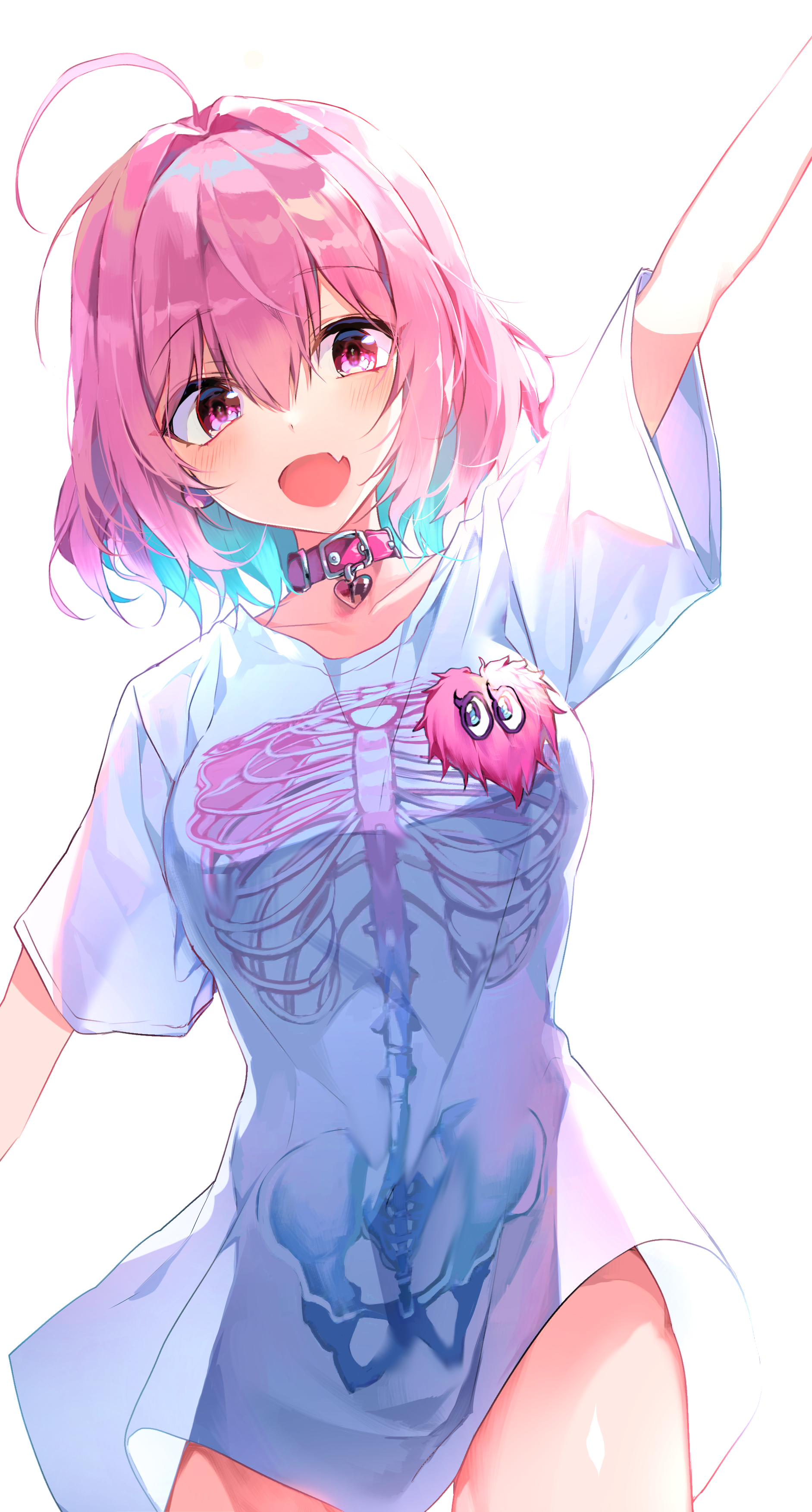 Anime Anime Girls Vertical Looking At Viewer One Arm Up Collar Ahoge Open Mouth Two Tone Hair Pink H 1883x3508