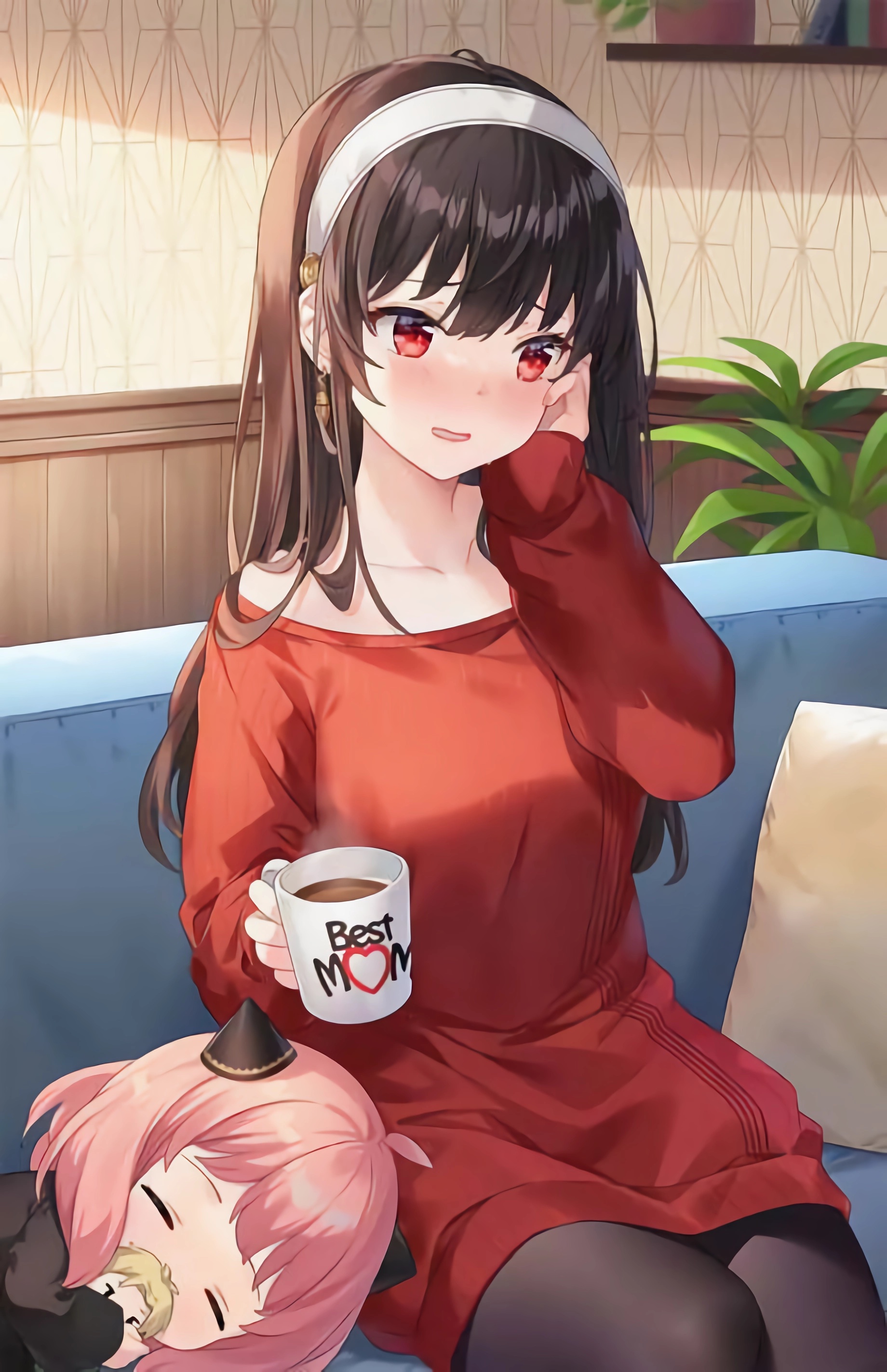 Anime Anime Girls Spy X Family Yor Forger Anya Forger Blushing Portrait Display Long Hair Leaves Cup 1840x2844