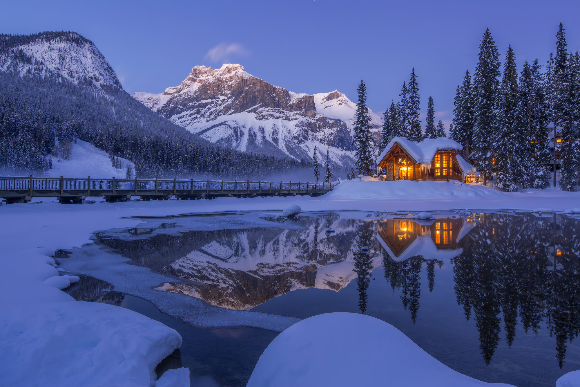 Mountains Snow Water Clear Sky House Lights Trees Reflection Emerald Lake Yoho National Park Canada  2000x1333