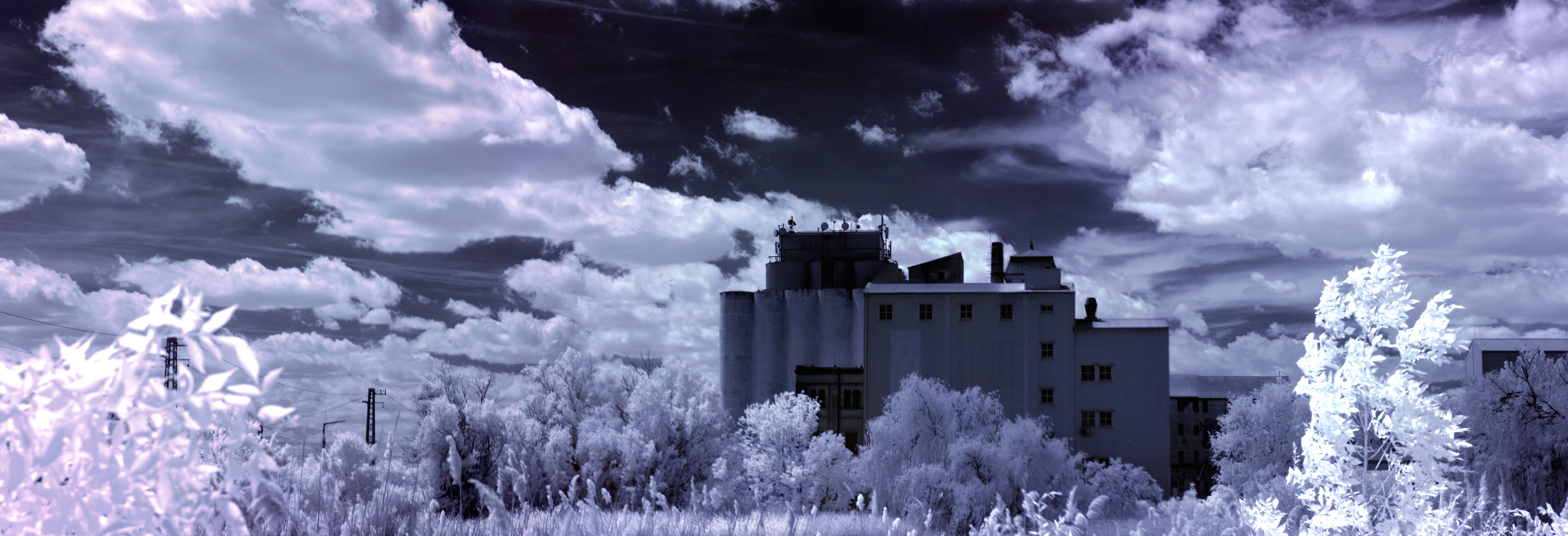 Infrared Building Nature Trees Clouds 6326x2162