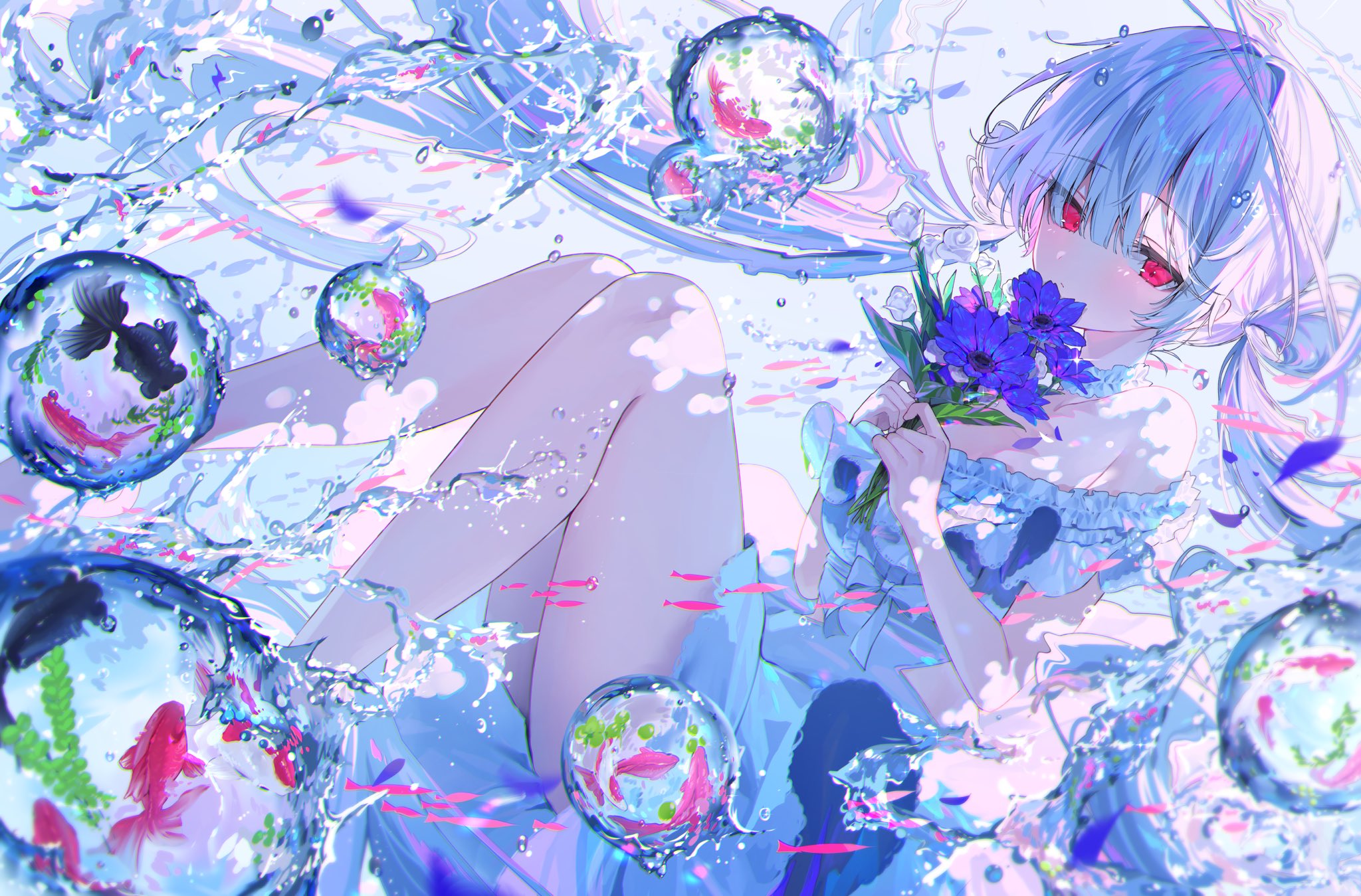 Anime Girls Underwater Red Eyes Looking At Viewer Blue Hair Expressionless Purple Flowers Bubbles Ba 2048x1349
