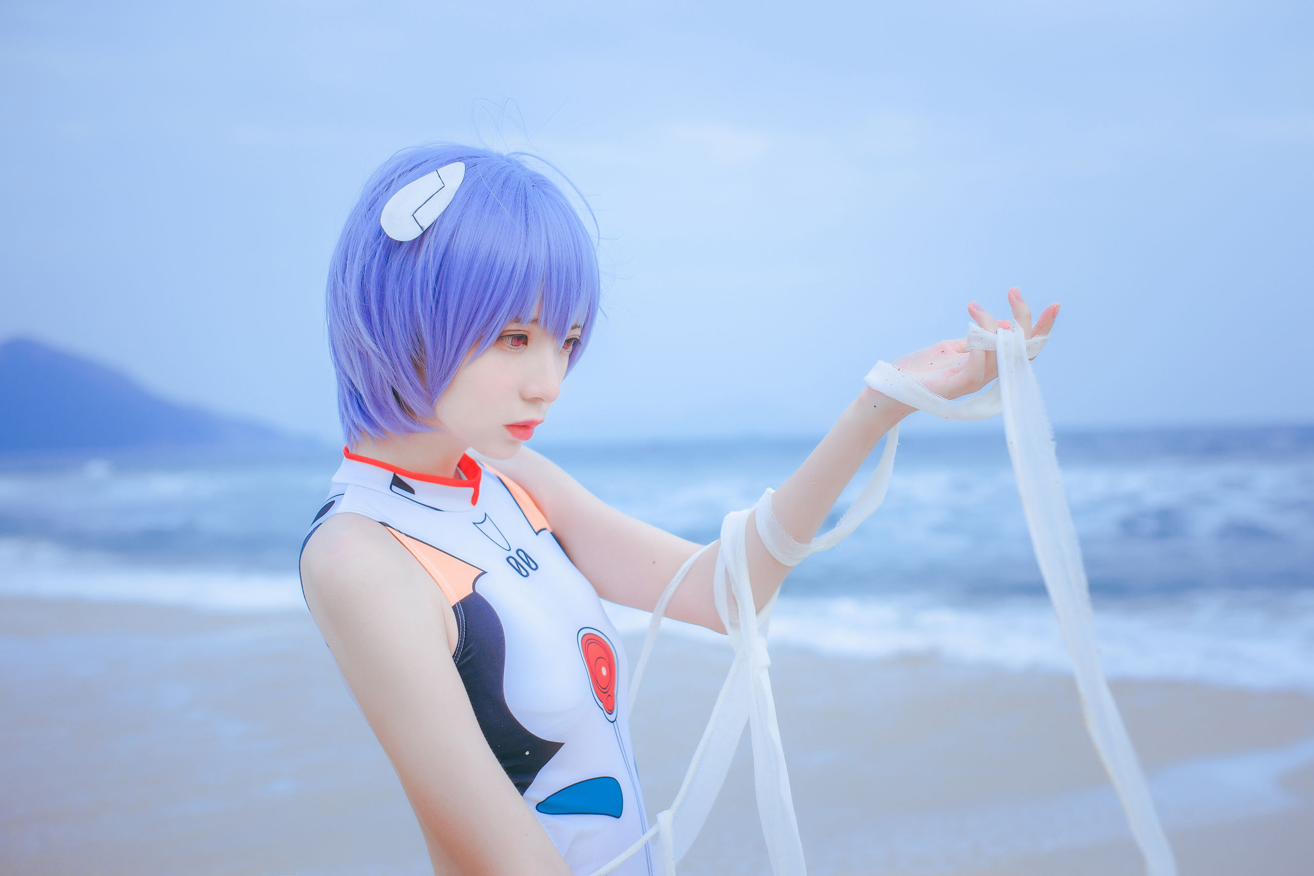 Ayanami Rei Women Model Short Hair Purple Hair Beach Women Outdoors Cosplay Asian 2700x1800
