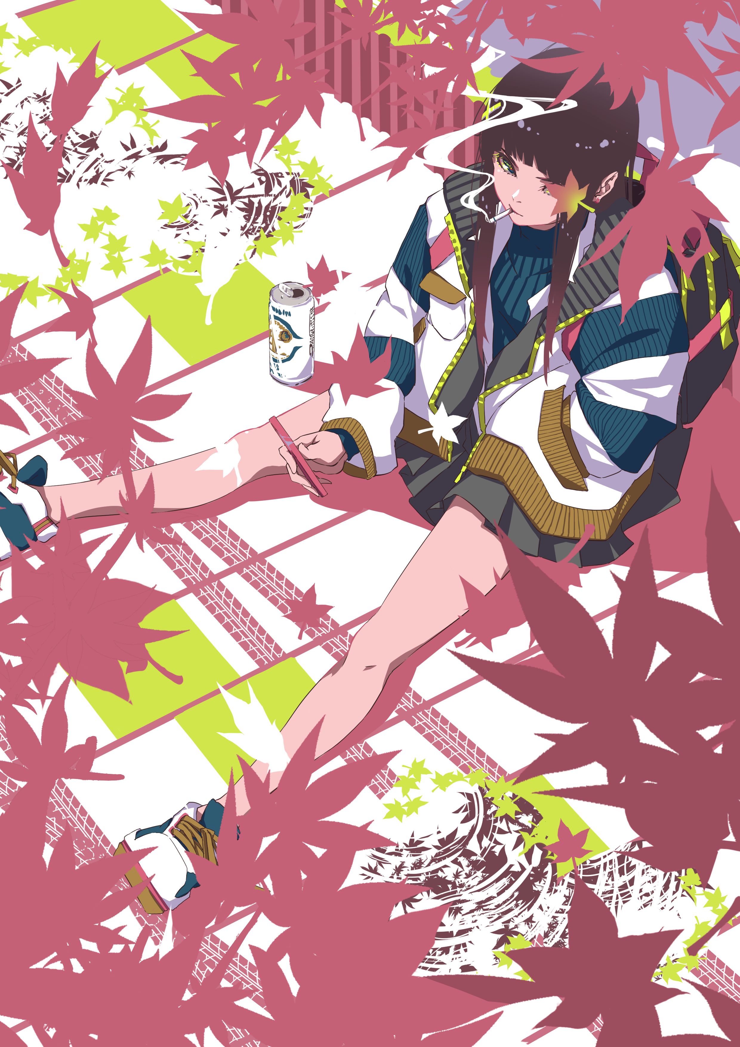 Nico Tina Minimalism Anime Girls Cigarettes Smoking Soda Drink Phone Schoolgirl School Uniform Leave 2480x3508