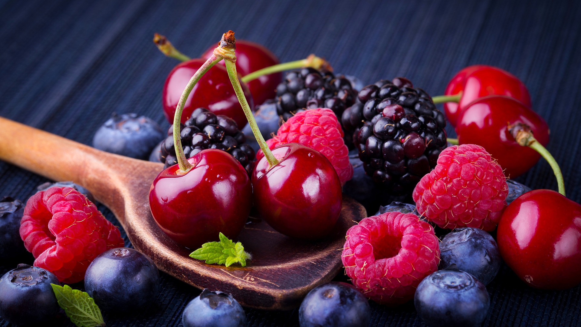 Colorful Photography Fruit Food Still Life Wooden Spoon Blueberries Cherries Blackberries Raspberrie 1920x1080