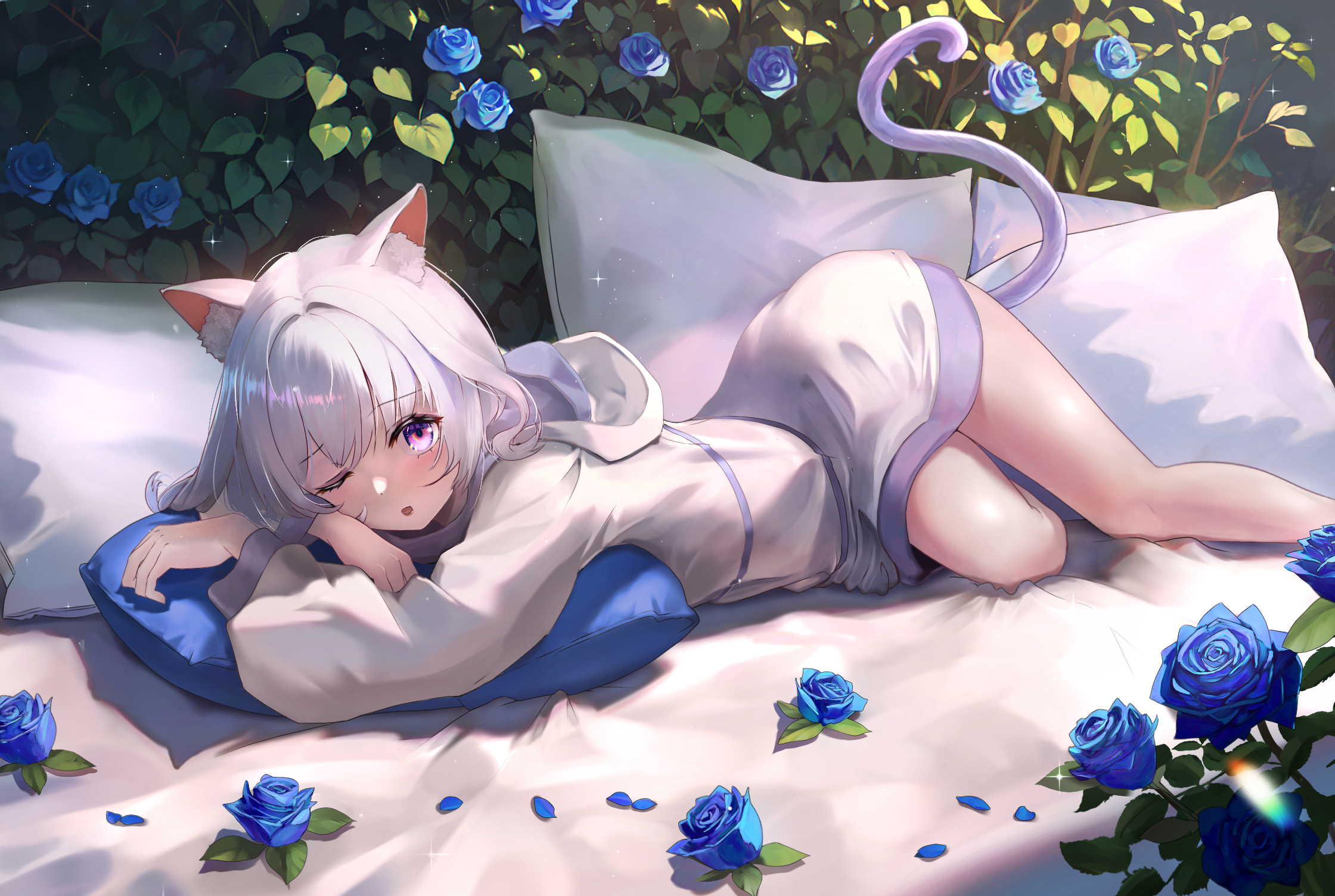 Anime Anime Girls Pillow Cat Girl Cat Ears Cat Tail Blue Rose Petals Lying Down Lying On Front One E 2240x1504