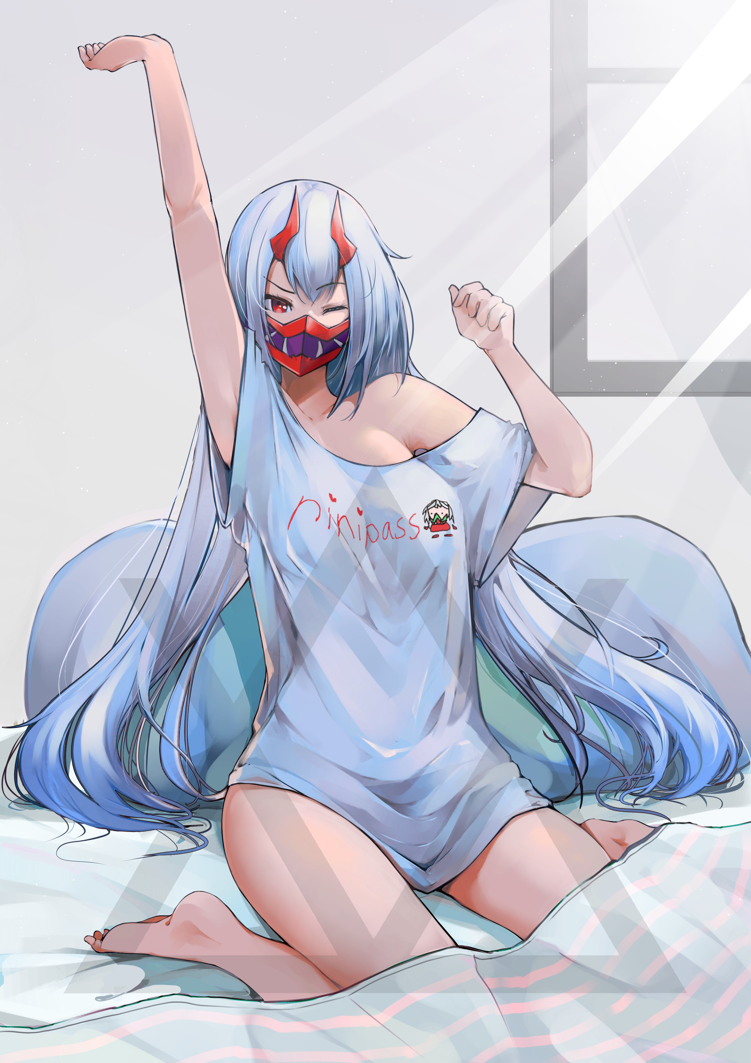 Anime Mask Women Anime Girls Long Hair Barefoot One Eye Closed Arms Up Red Eyes In Bed Portrait Disp 2480x3508