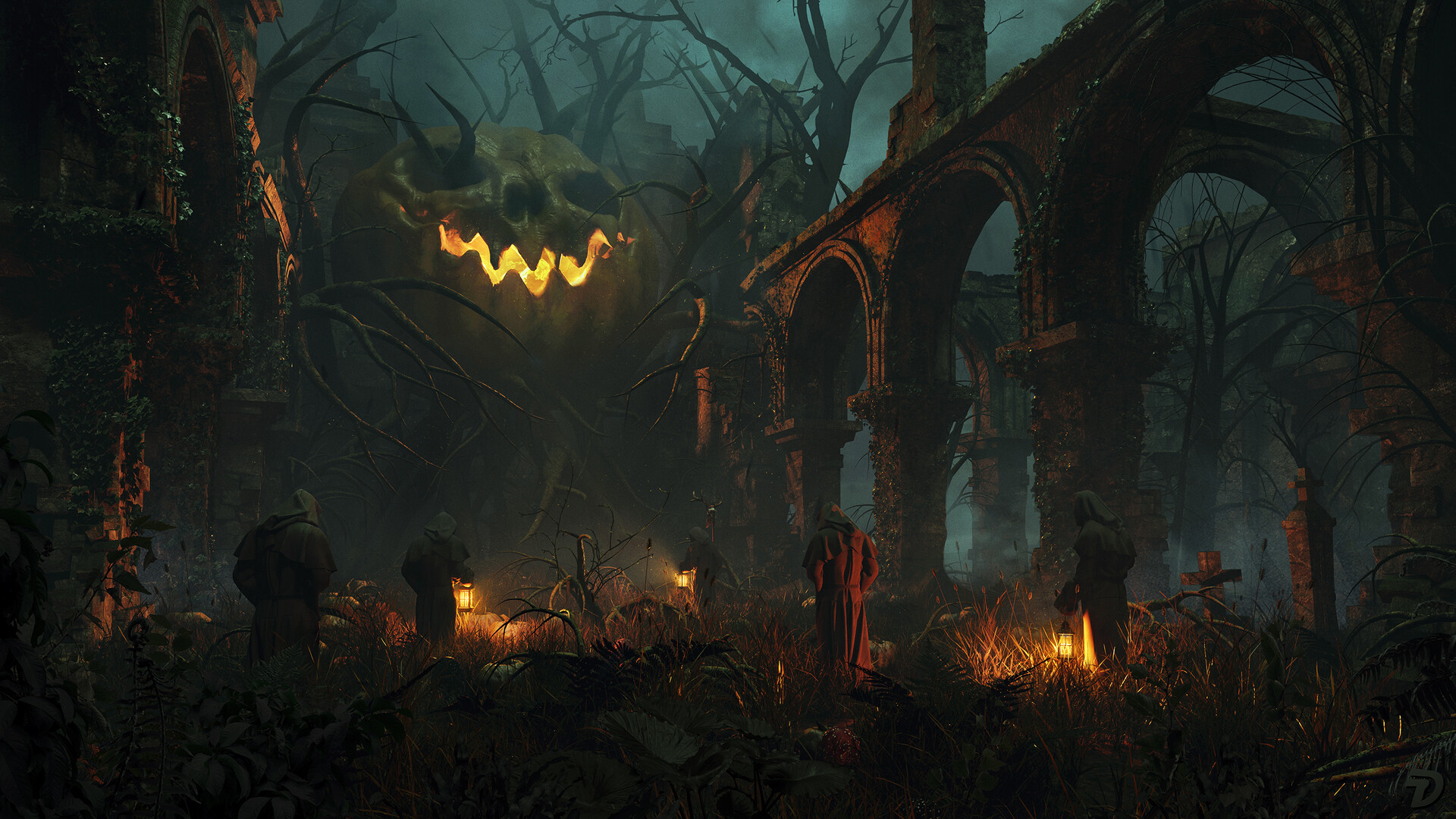 Dominic Van Velsen CGi Halloween People Roots Lantern Dark Pumpkin Ruins Overgrown Digital Art Night 1920x1080