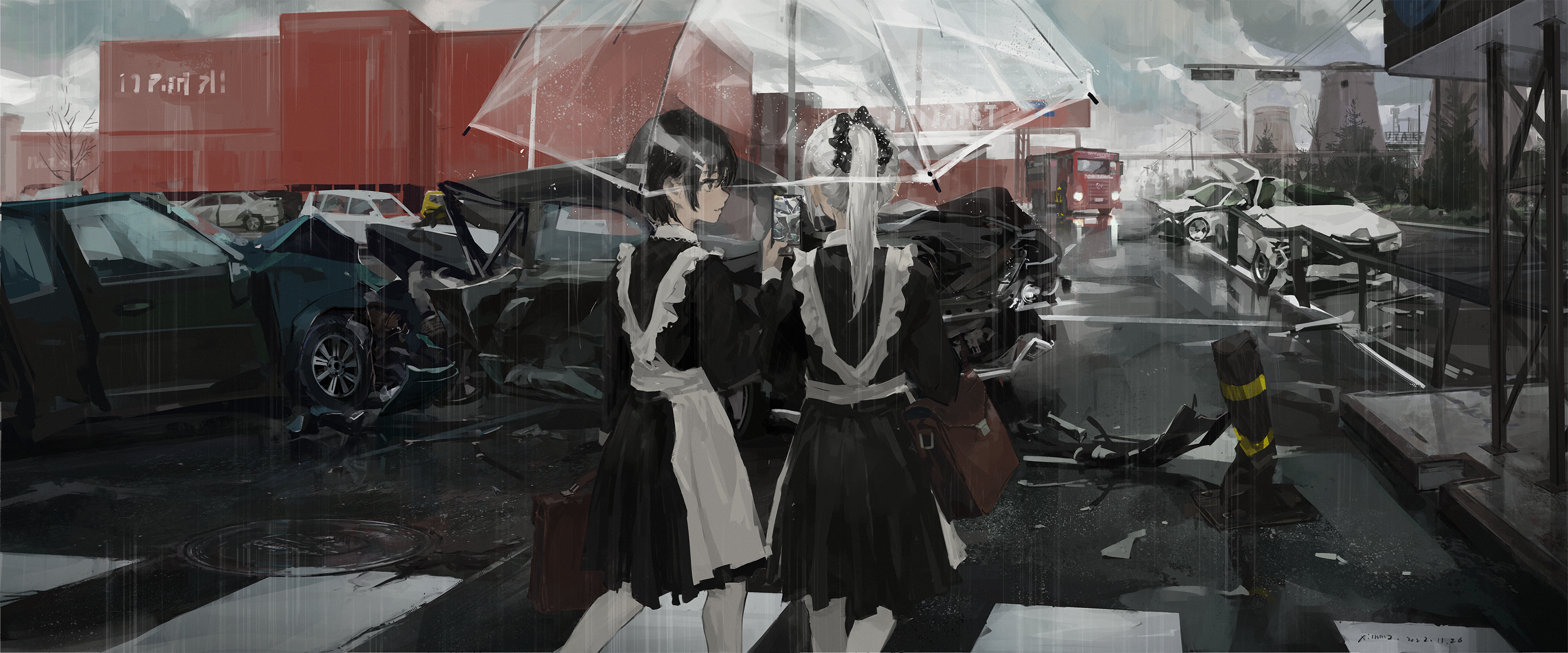 Anime Anime Girls Rain Maid Outfit Maid Car Purse 3079x1283