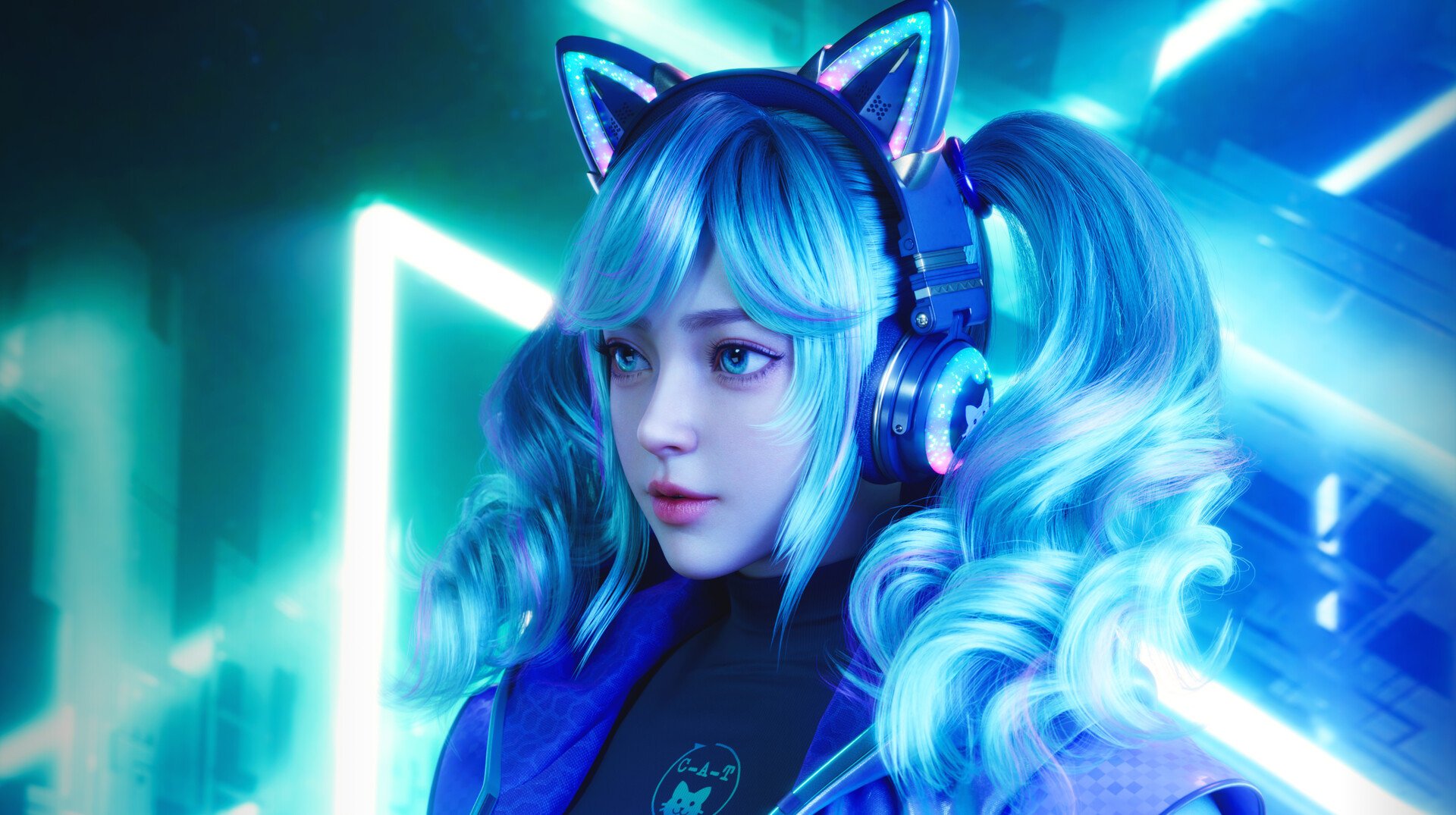 Huifeng Huang CGi Women Twintails Blue Hair Headphones Jacket Neon Long Hair Looking Away Digital Ar 1920x1075