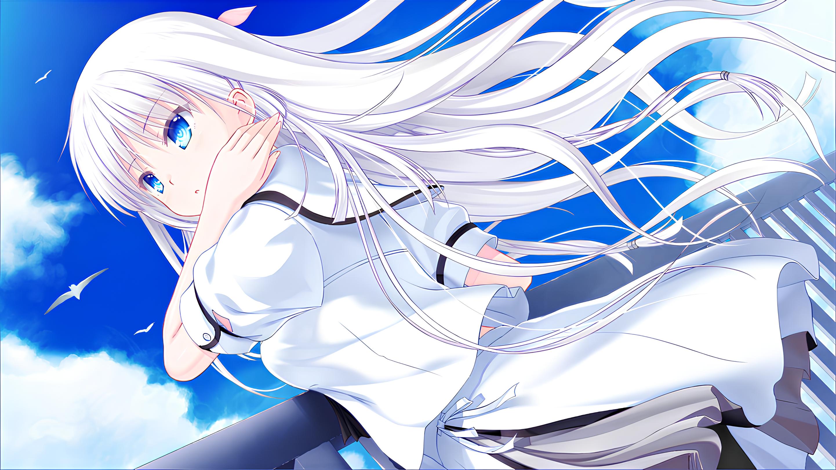 Summer Pockets Anime Girls Long Hair White Hair Blue Eyes Looking Away Uniform Sky Clouds Birds Anim 2884x1622