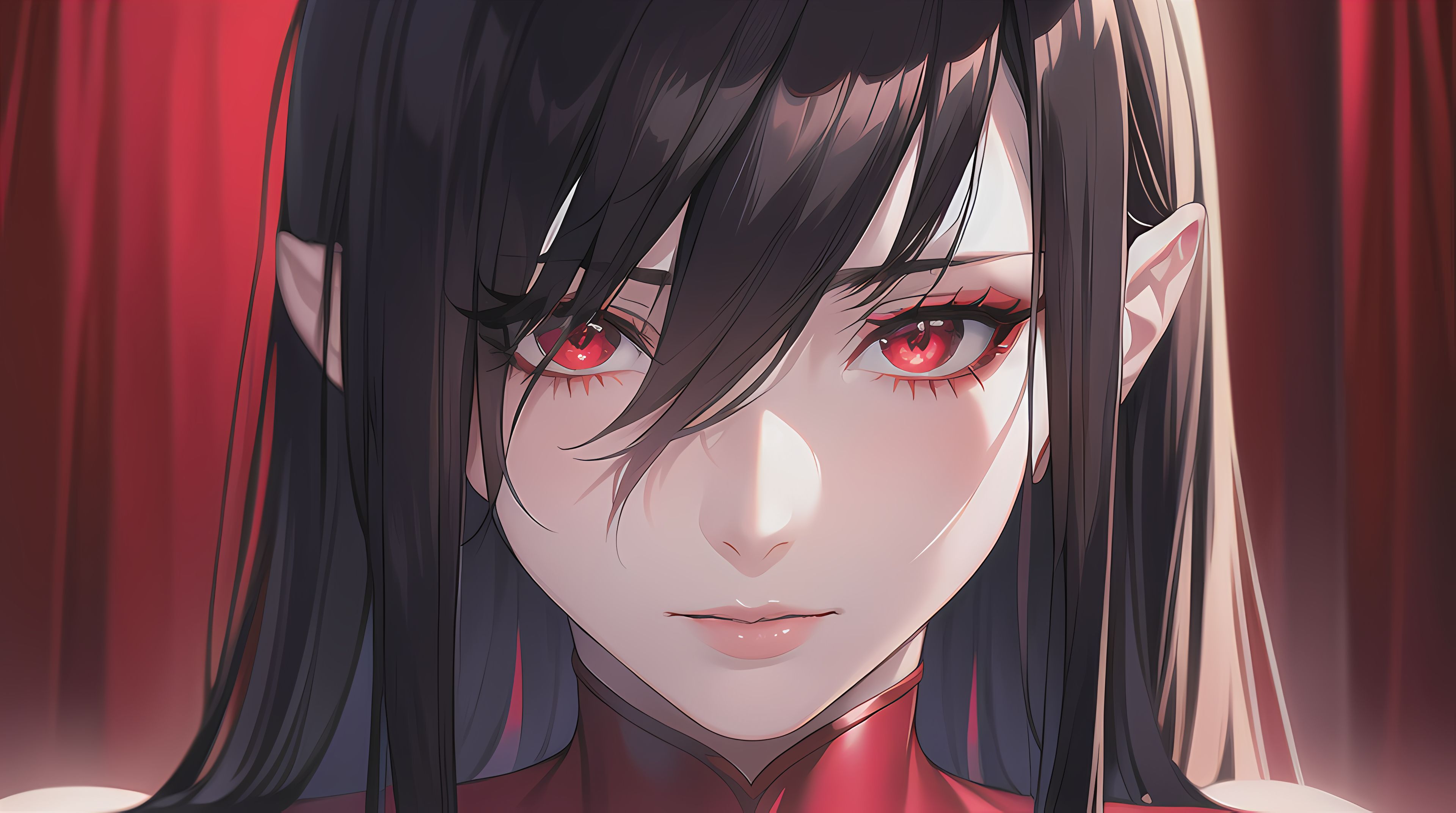 Red Eyes Anime Black Hair Red Background Dangerous Closeup Lipstick Armored Anime Girls Pointy Ears  3840x2144