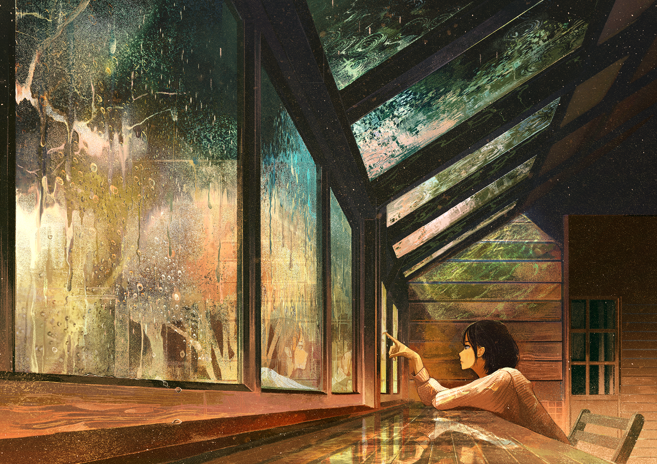 Pixiv Anime Girls Rain Gemi Window Profile Looking Away Black Hair Sweater Sitting 2500x1765