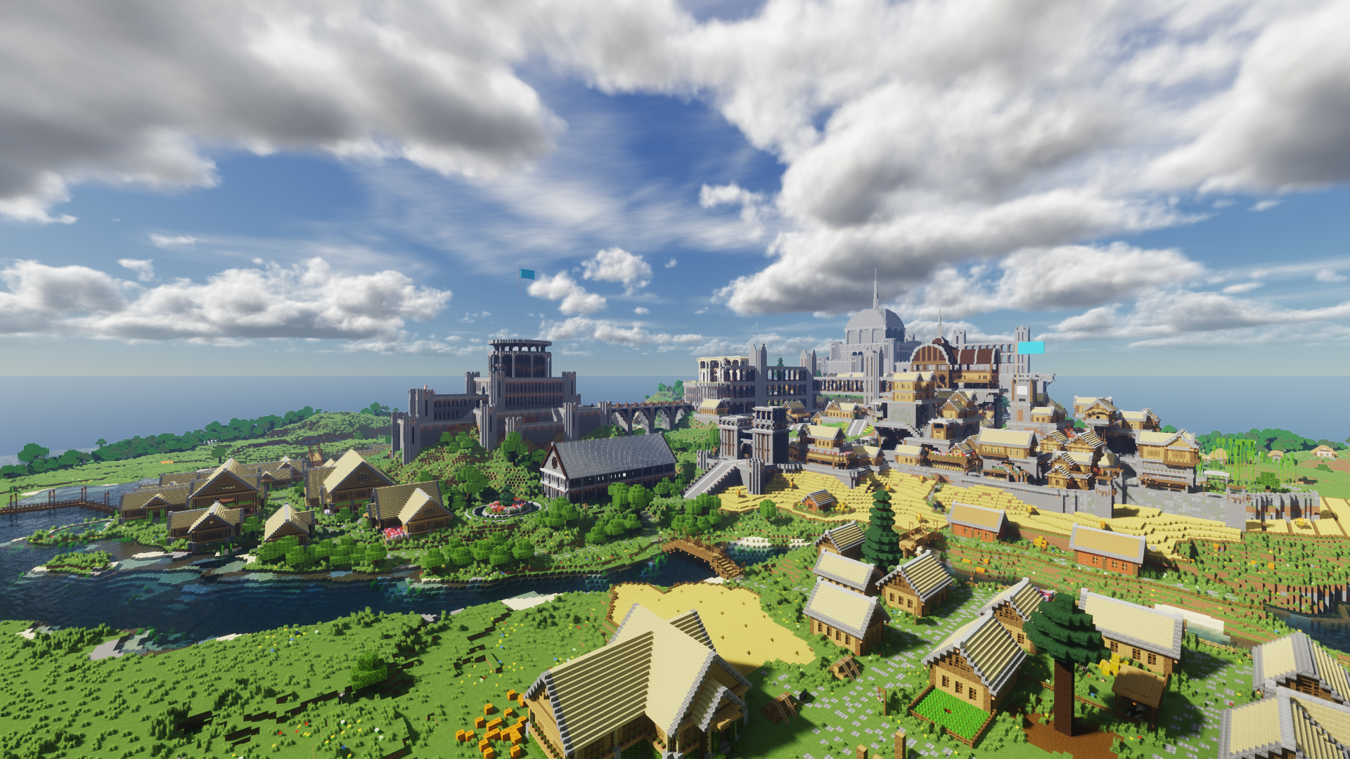 Minecraft Building Video Games CGi Clouds Village Castle Flag Water Sky 1920x1080