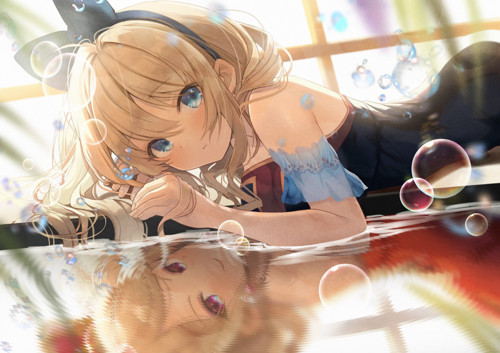 Anime Anime Girls Reflection Bubbles Lying On Front Blonde Blue Eyes Water Long Hair Bow Tie Looking 1600x1131