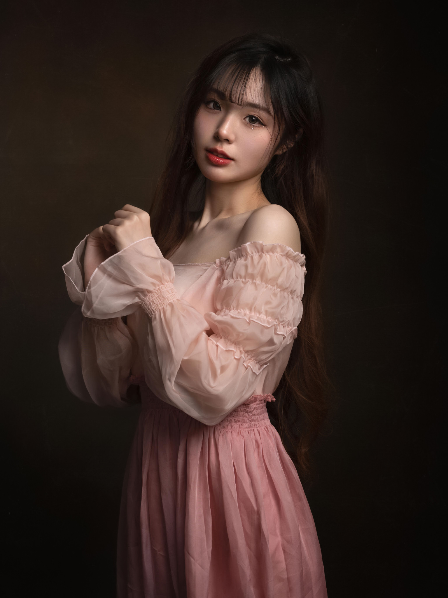 Lee Hu Women Asian Brunette Looking At Viewer Dark Eyes Eyeliner Lipstick Dress Pink Clothing Simple 1536x2048