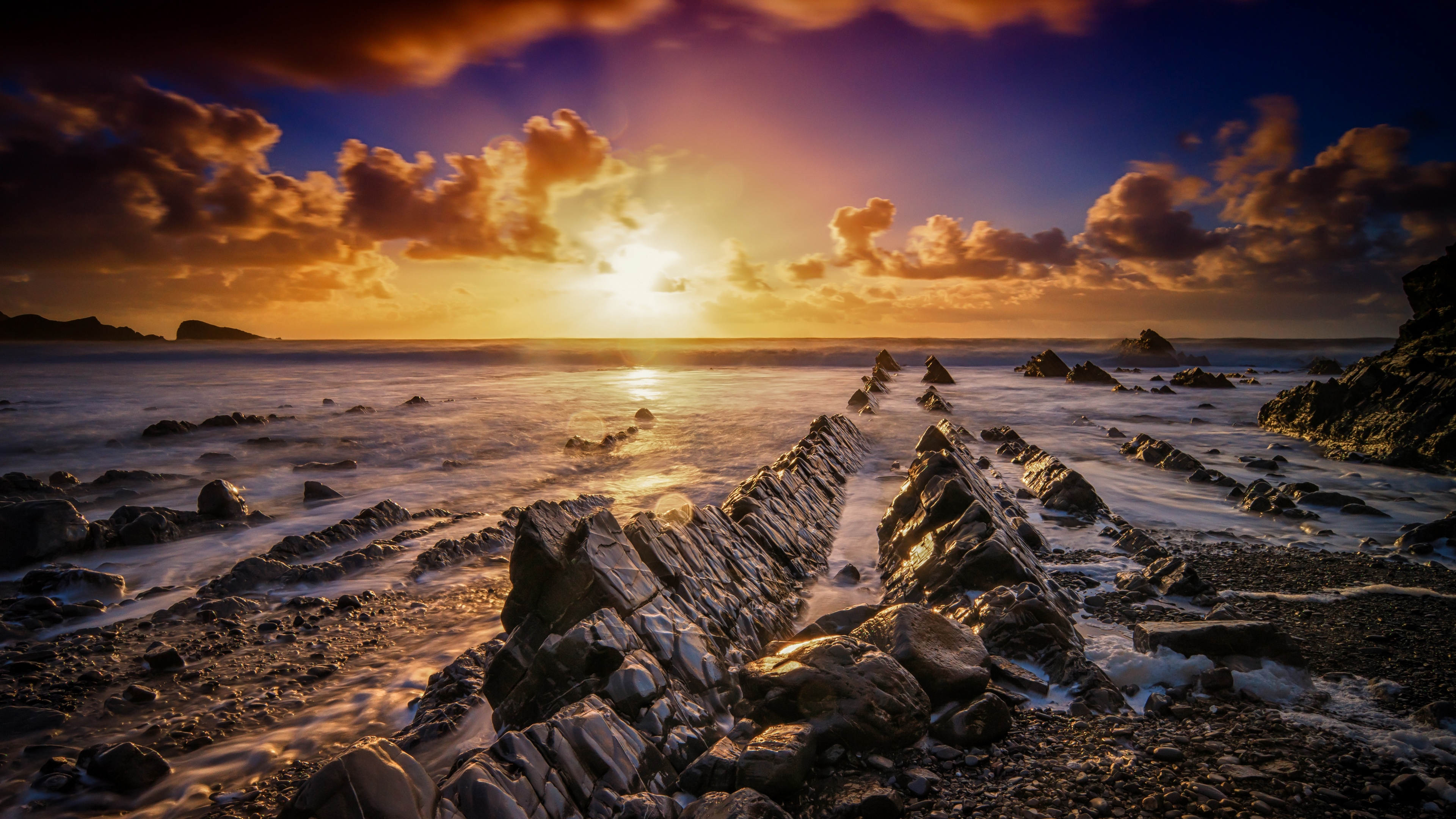 Nature Coast Sea Sunset Sky Clouds Rock Stones Waves 3840x2160