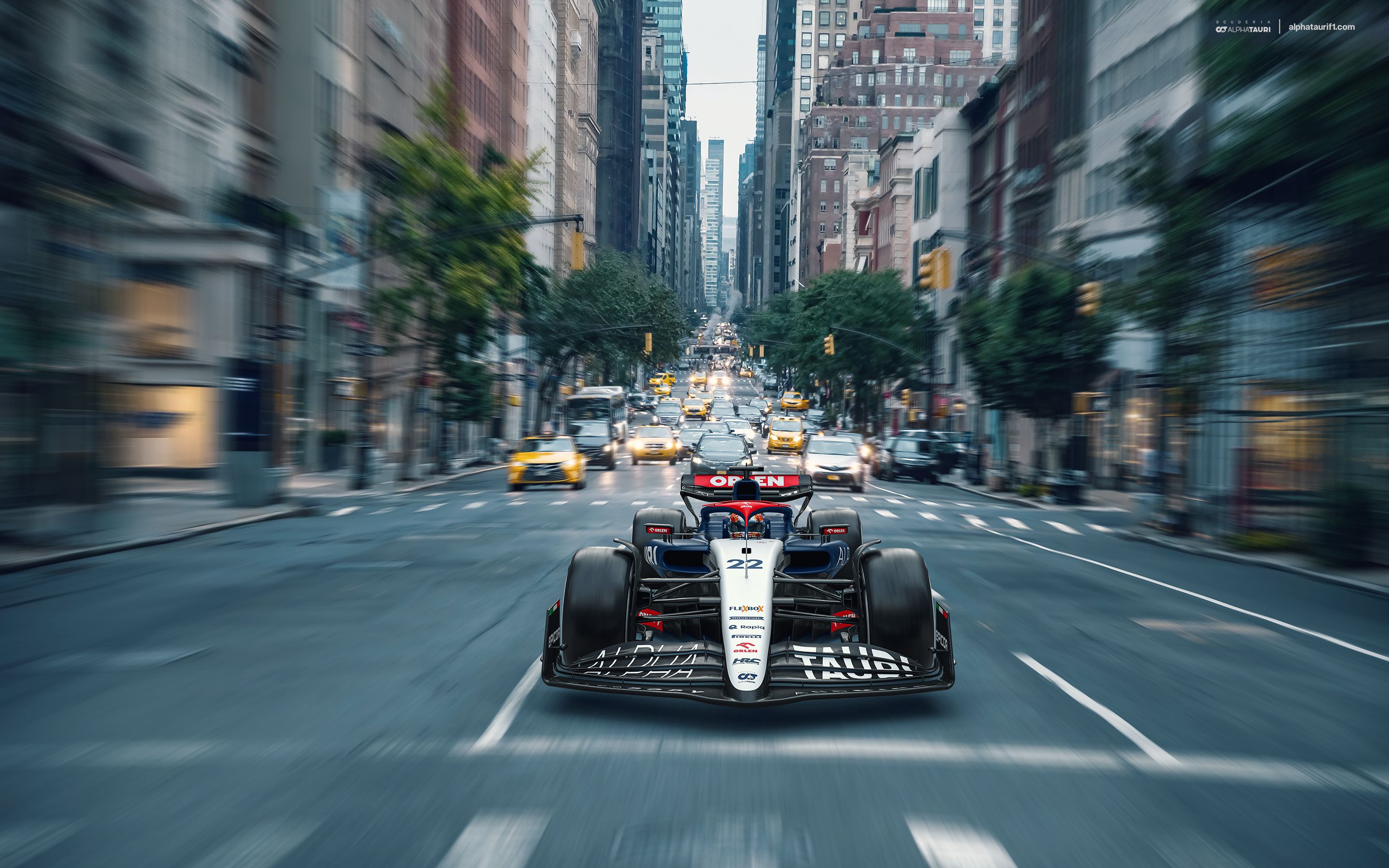 Formula 1 Formula Cars Race Cars Scuderia AlphaTauri New York City Car Front Angle View Road City Bu 2880x1800