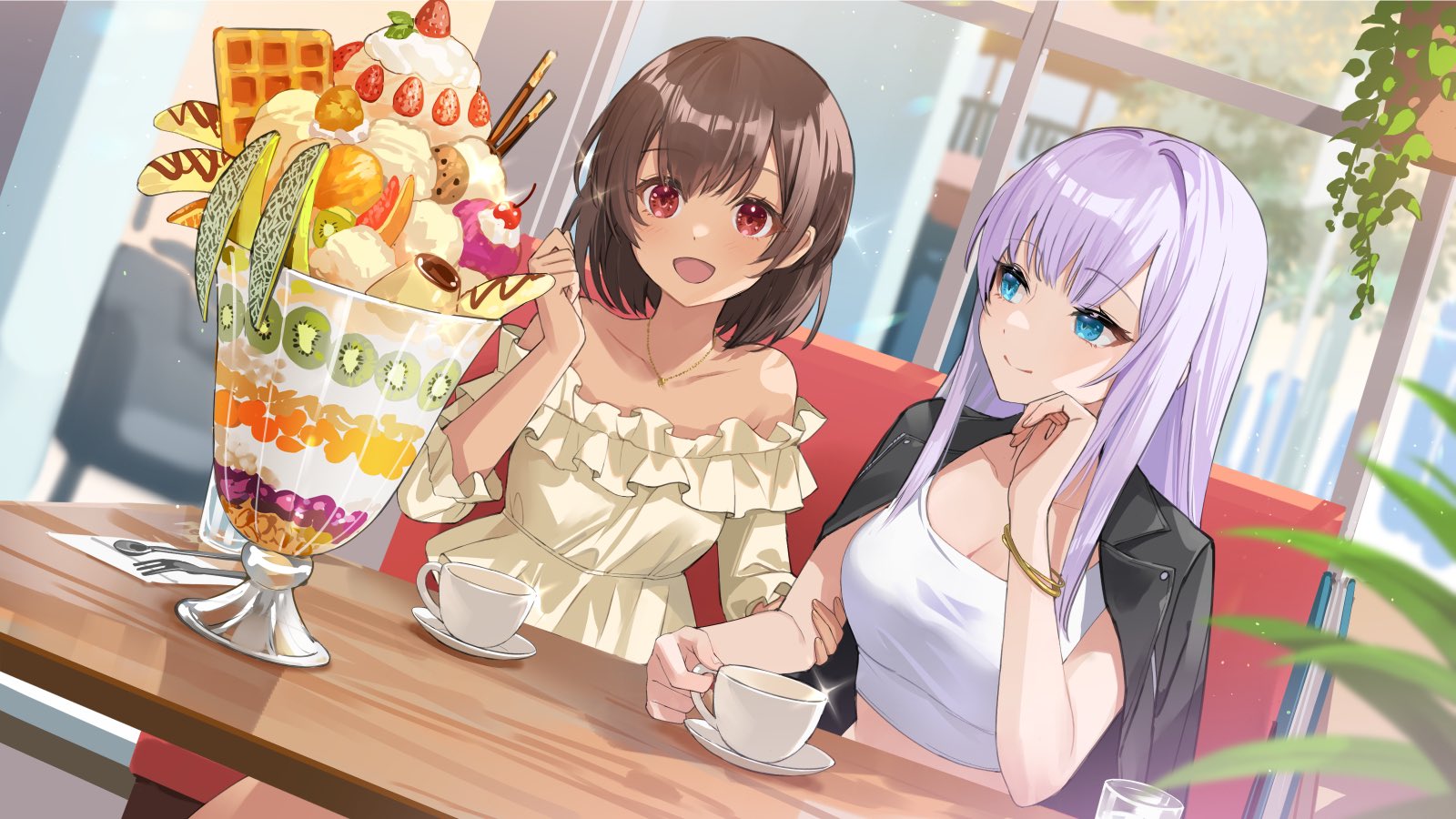 Anime Girls Anime Girls Eating Parfait Fruit Ice Cream Short Hair Leaves Sitting Sweets Cup Smiling 1600x900