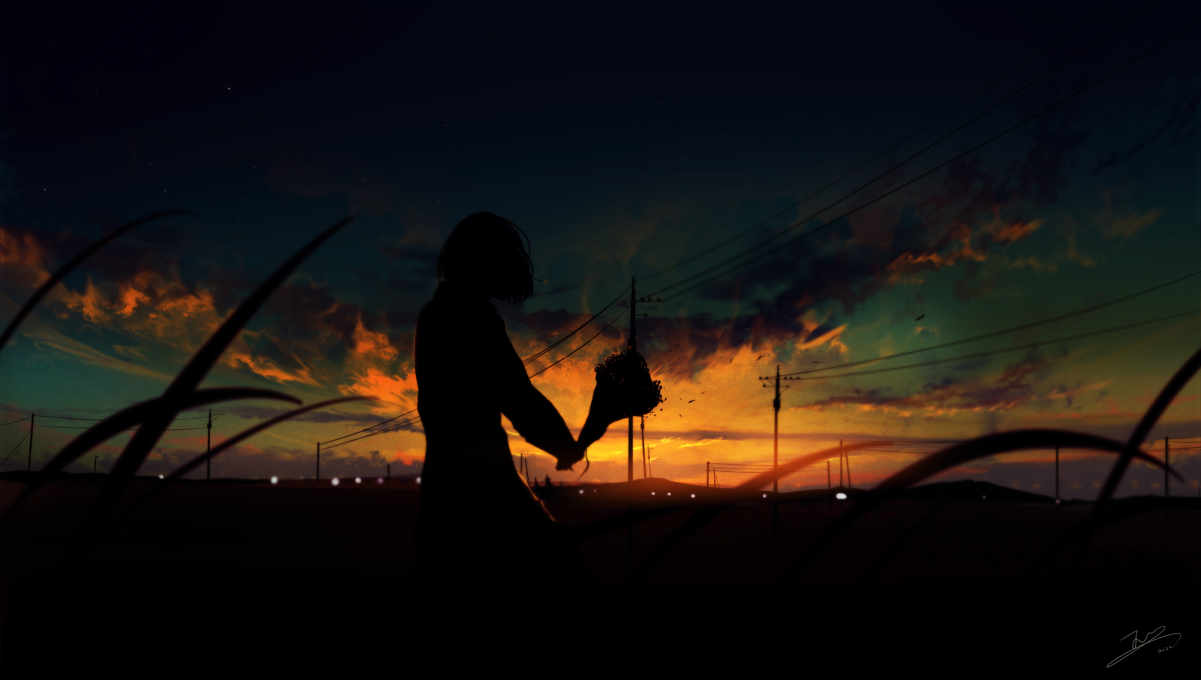 Artwork Landscape Pixiv Dusk Sunset Fantasy Girl Silhouette Bouquet 4096x2320