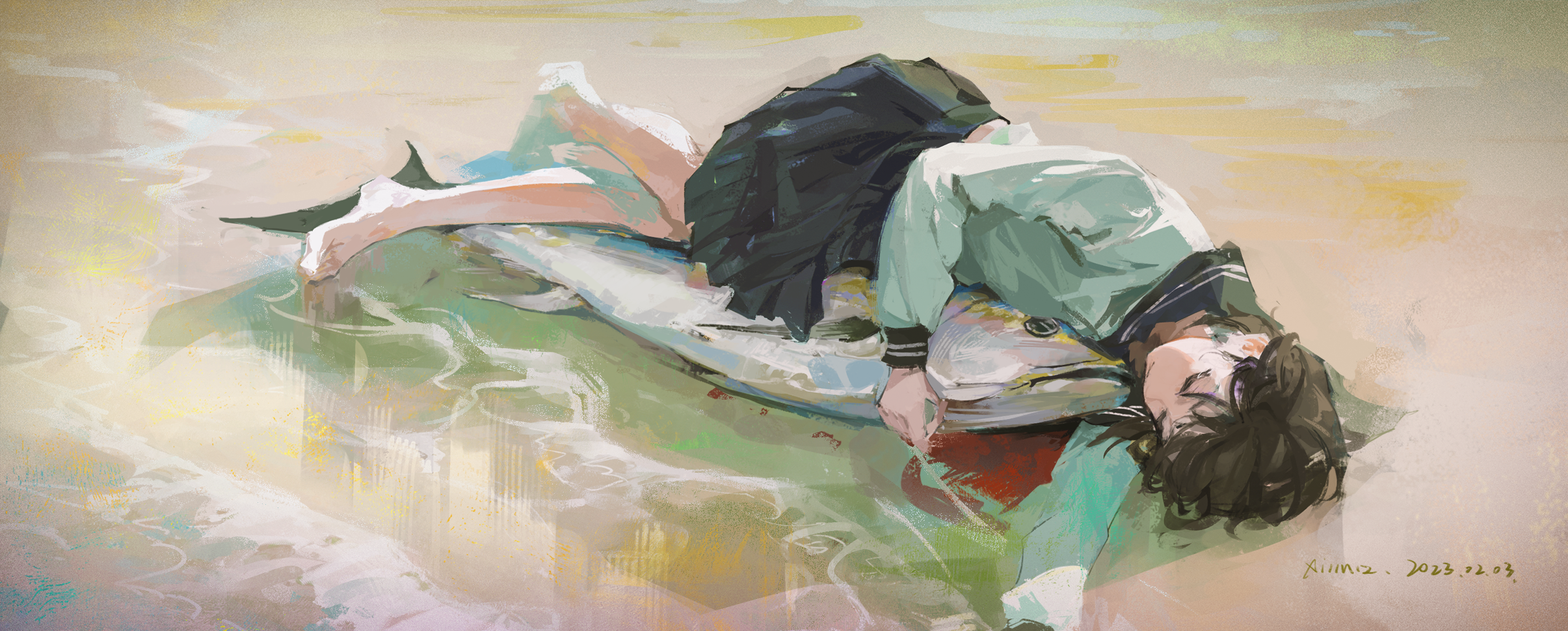 Anime Girls XilmO Lying On Side Fish Schoolgirl School Uniform Feet Water Waves 2411x970