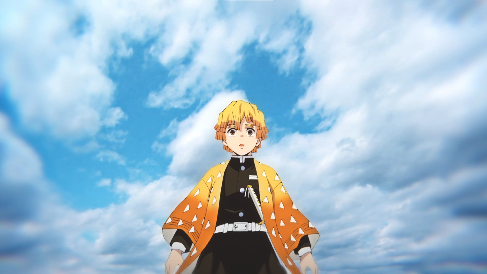 Zenitsu Agatsuma Kimetsu No Yaiba Sky Clouds Anime Anime Screenshot Anime Boys Kimono Looking At Vie 1920x1080