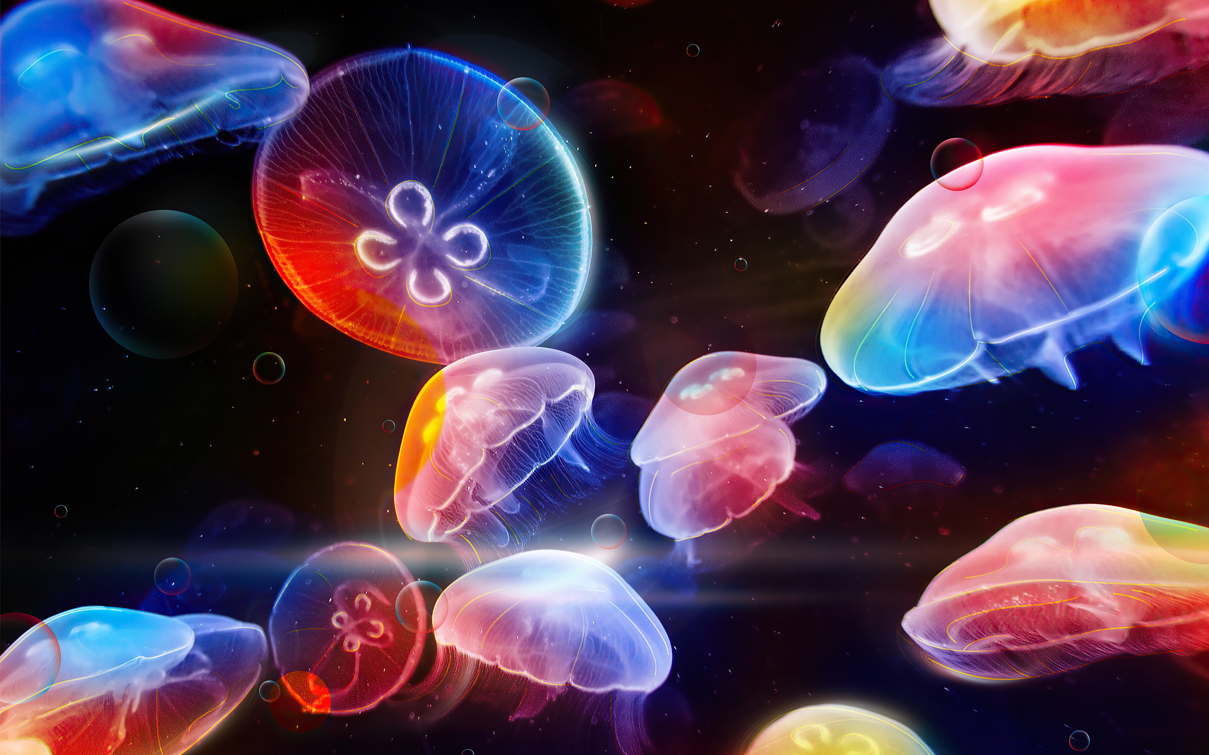 Jellyfish Sea Colorful Dark Background Animals Underwater Sea Life Fish Bubbles 3840x2400