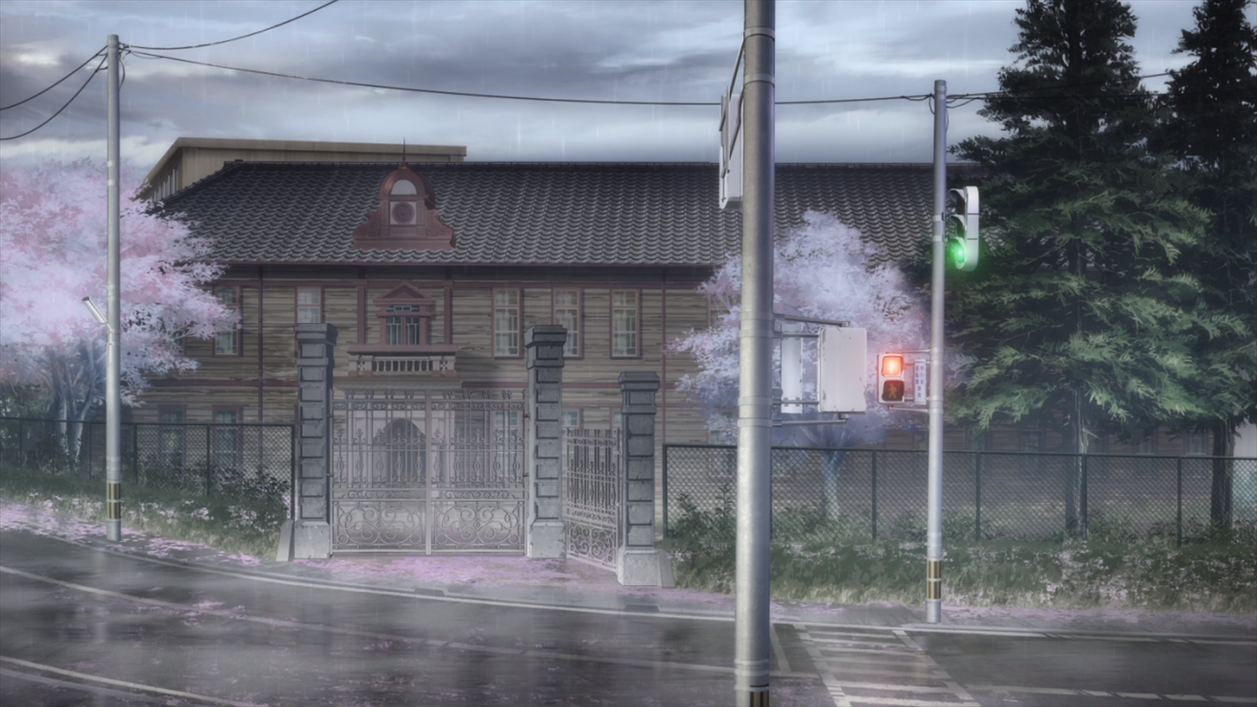 Another Yomiyama Horror Street Anime Anime Screenshot Pedestrian Bridge Street Light Sky Clouds Buil 2560x1440