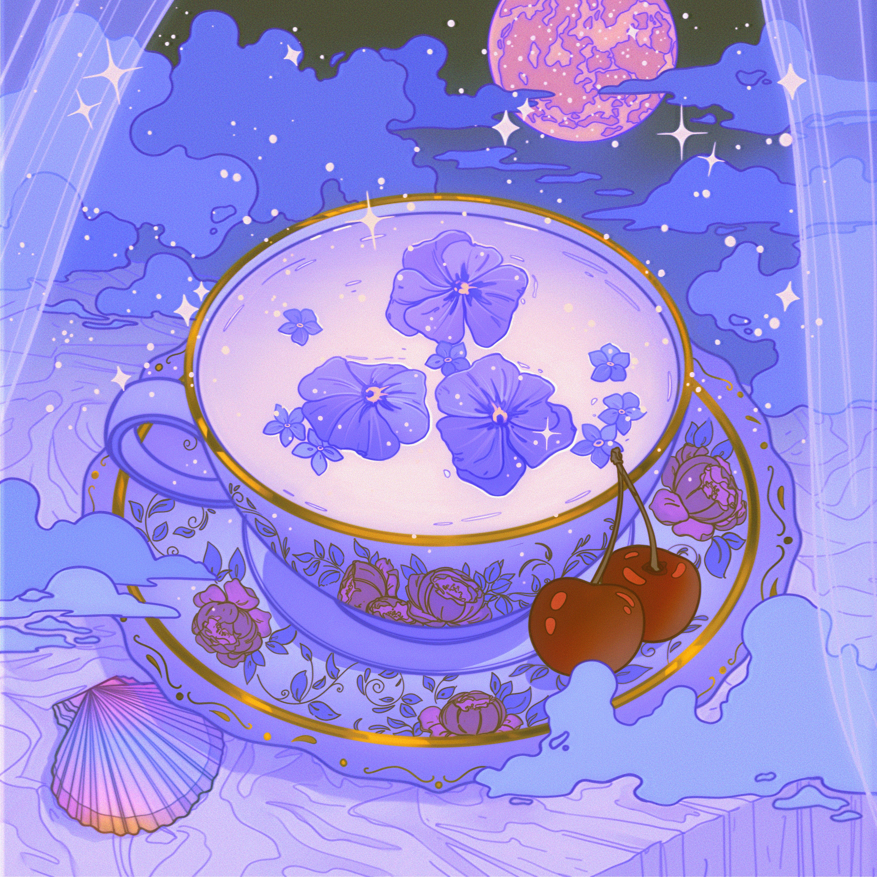 Rylen Digital Art Artwork Illustration Clouds Moon Flowers Abstract Drink Stars Cherries Fruit Cup 3000x3000