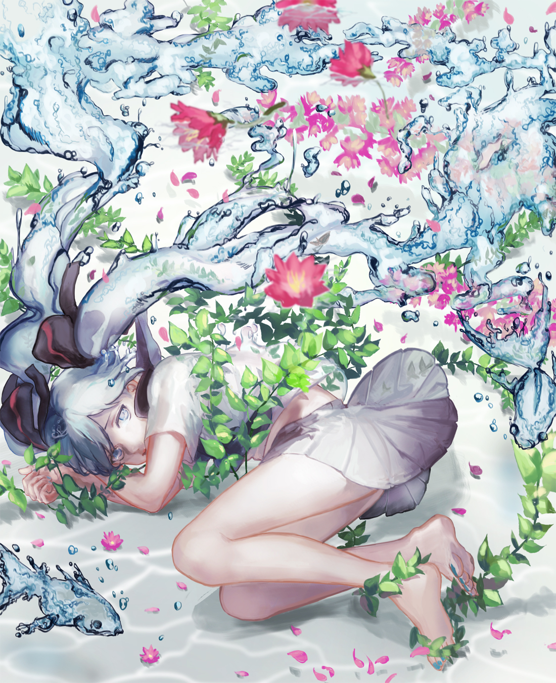 LAL ROLE Vocaloid Hatsune Miku Flowers Bottle Miku Anime Girls Water Underwater Blue Hair Twintails  1100x1350