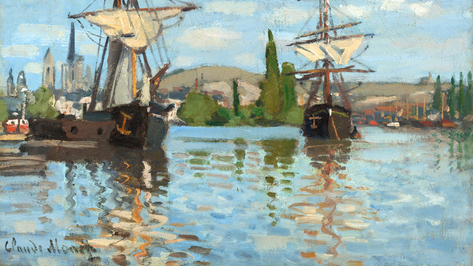Painting Claude Monet Impressionism Water Reflection Ship Artwork 1920x1080