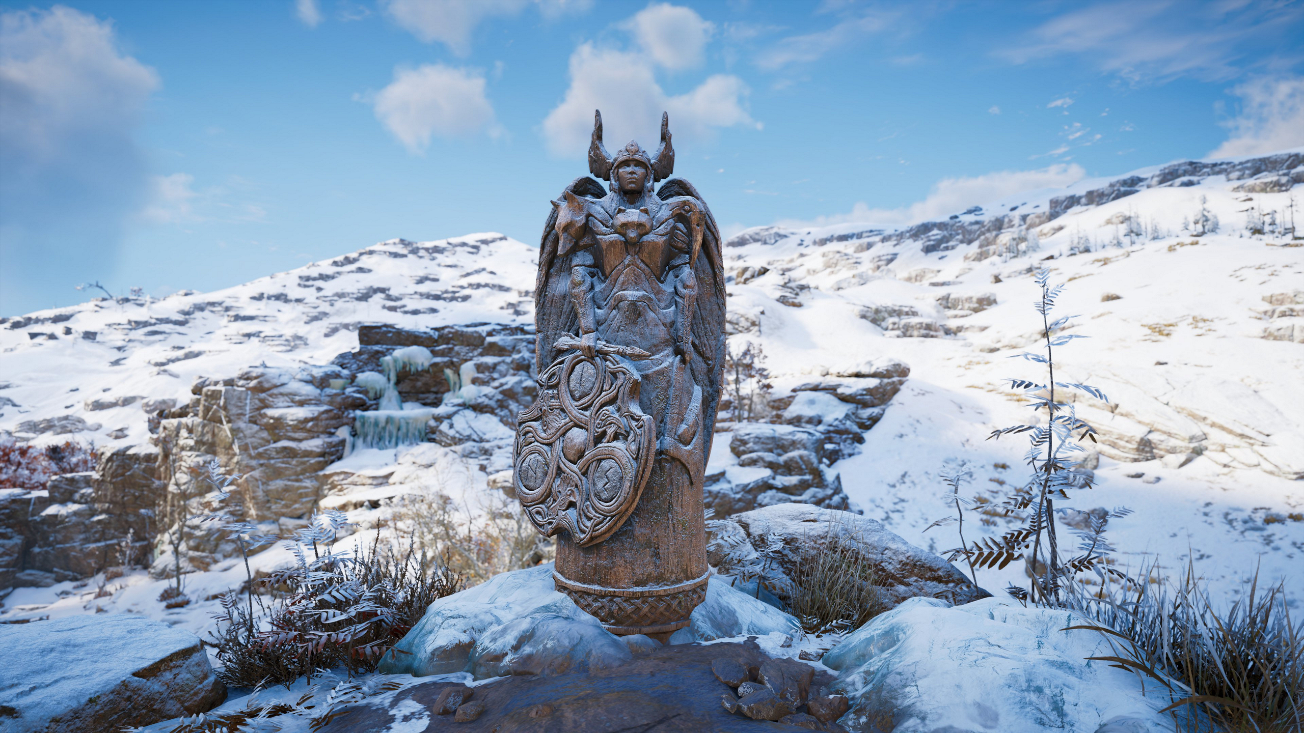 Assassins Creed Valhalla HDR Video Games CGi Snow Statue Clouds Rocks 2560x1440