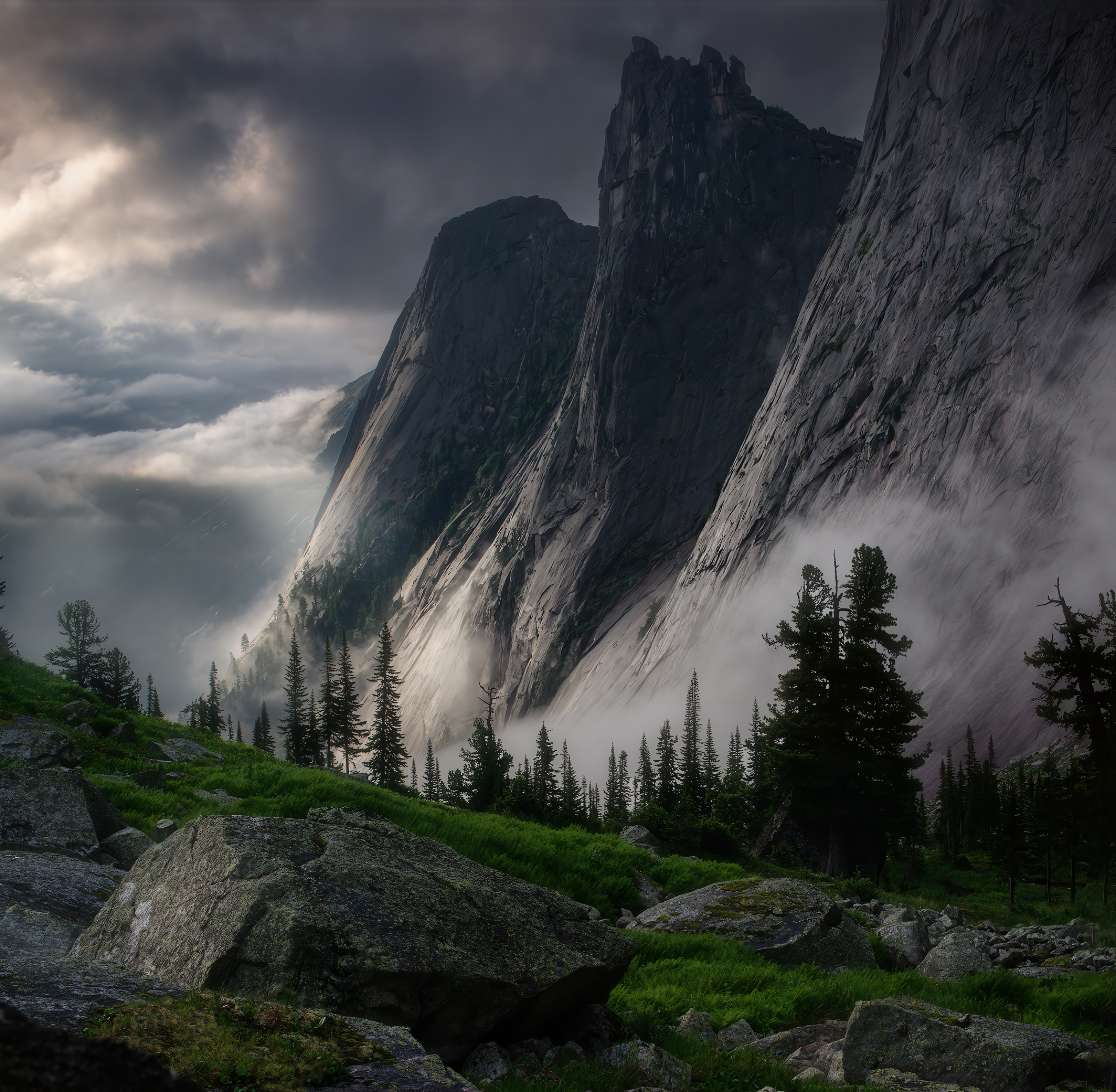 Mountains Mist Trees Clouds Overcast Sky Nature Rocks Russia 3010x2944