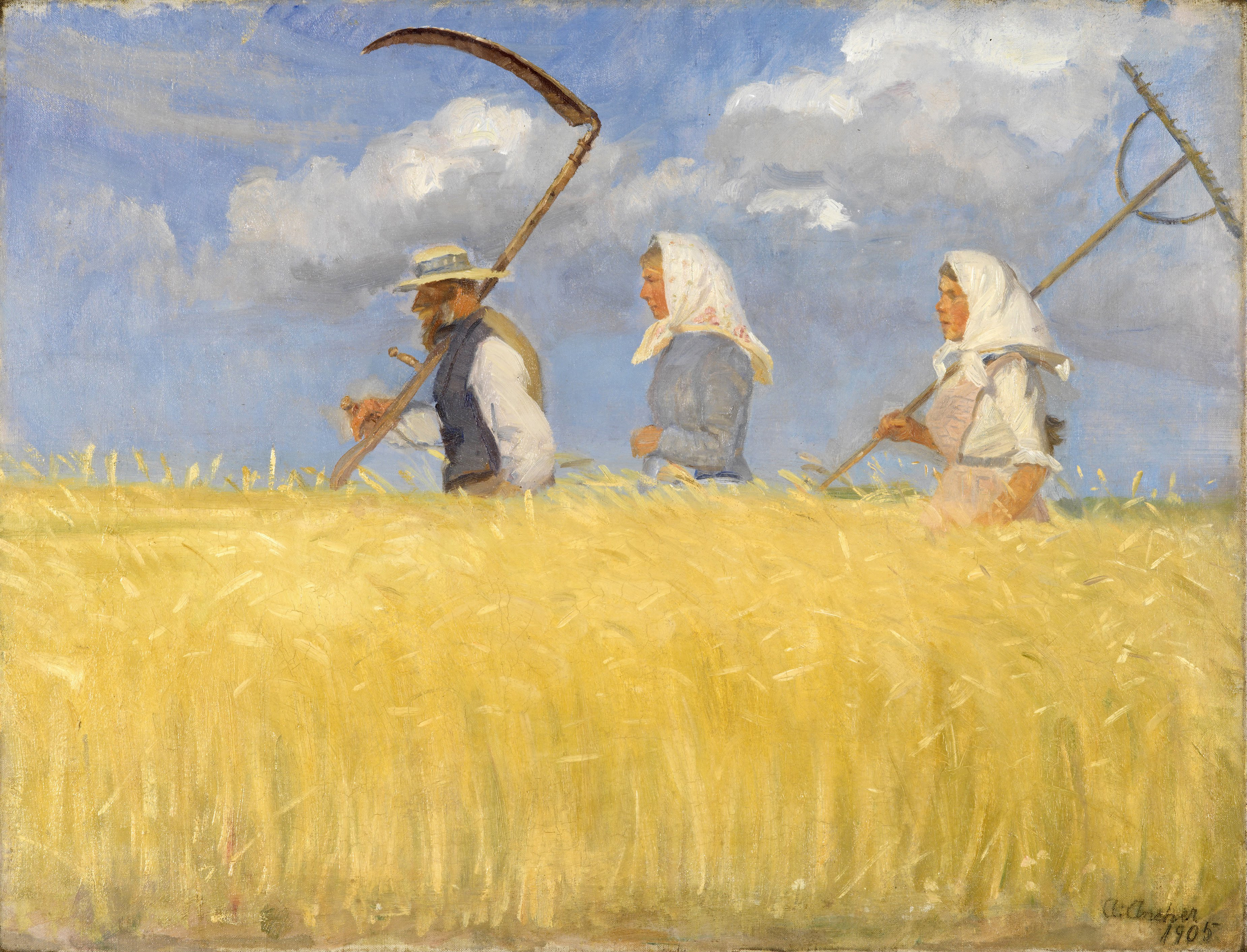Oil Painting Wheat Scythe Peasants Sky Clouds Headscarf Men Women Grain Traditional Art Painting Art 3700x2824