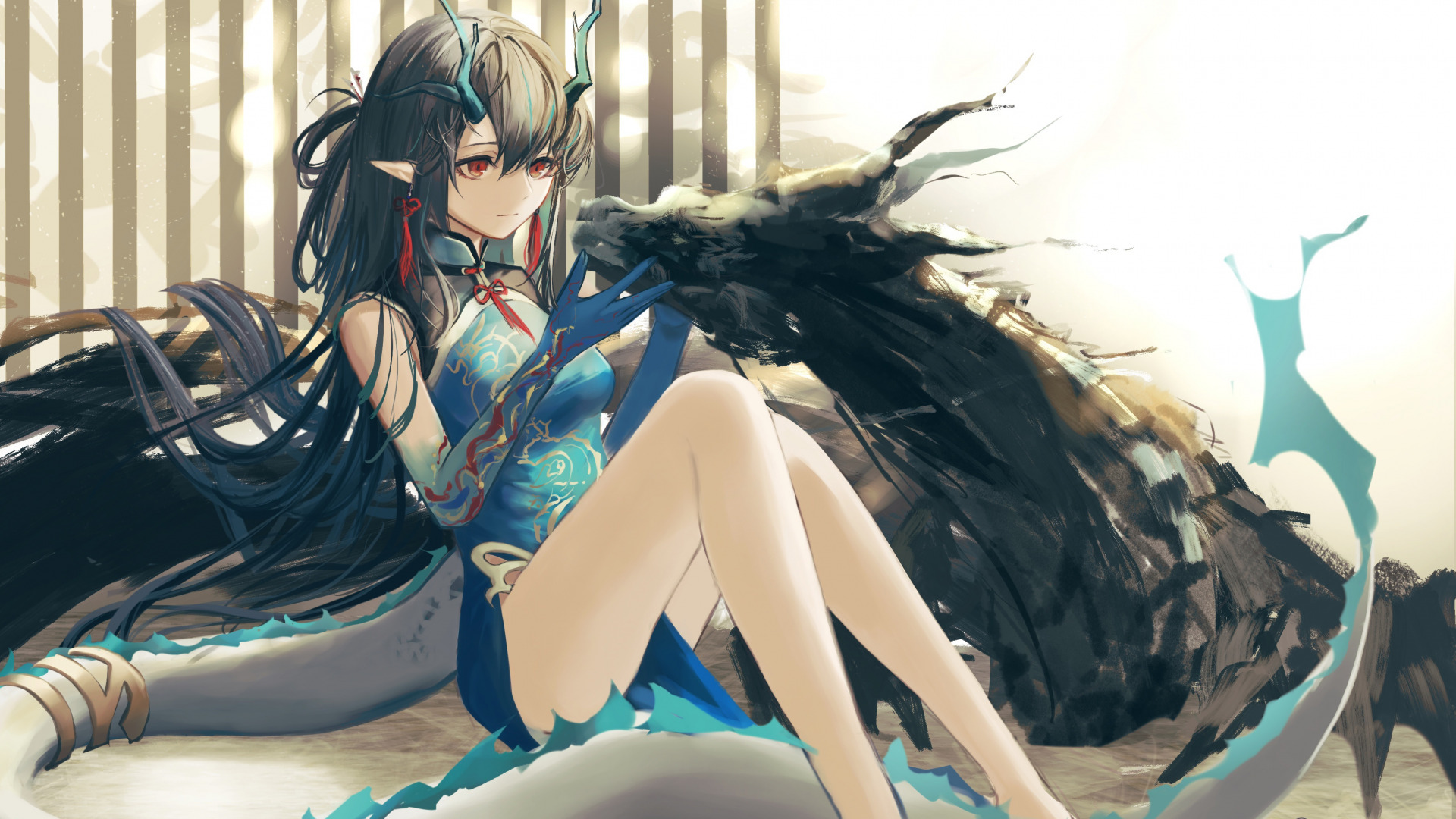 Arknights Anime Anime Girls Dusk Arknights Chinese Dragon Dragon Chinese Dress Horns Pointy Ears Dra 1920x1080