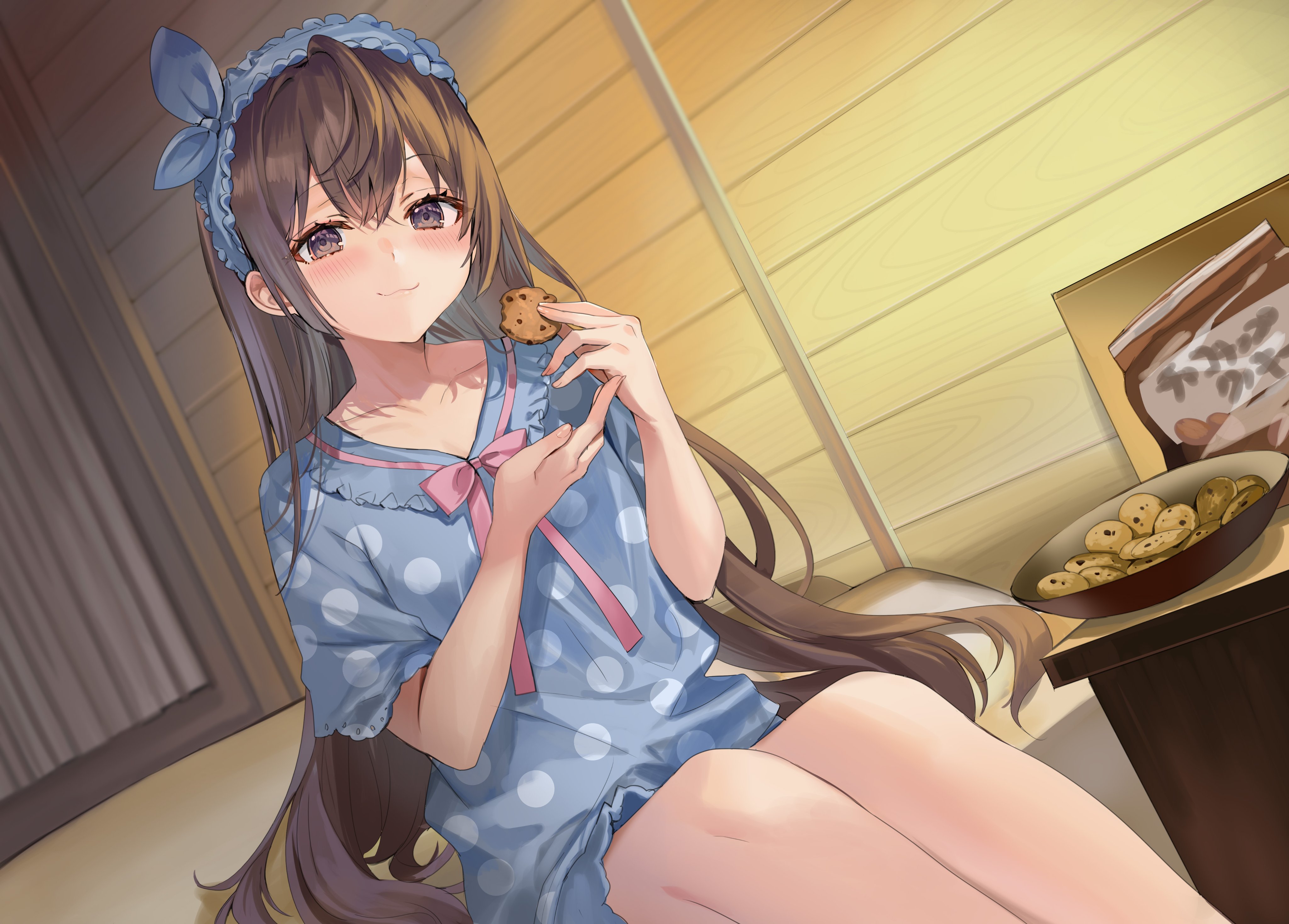 Anime Anime Girls Cookies Sweets Eating Purple Eyes Long Hair Brunette 4096x2936