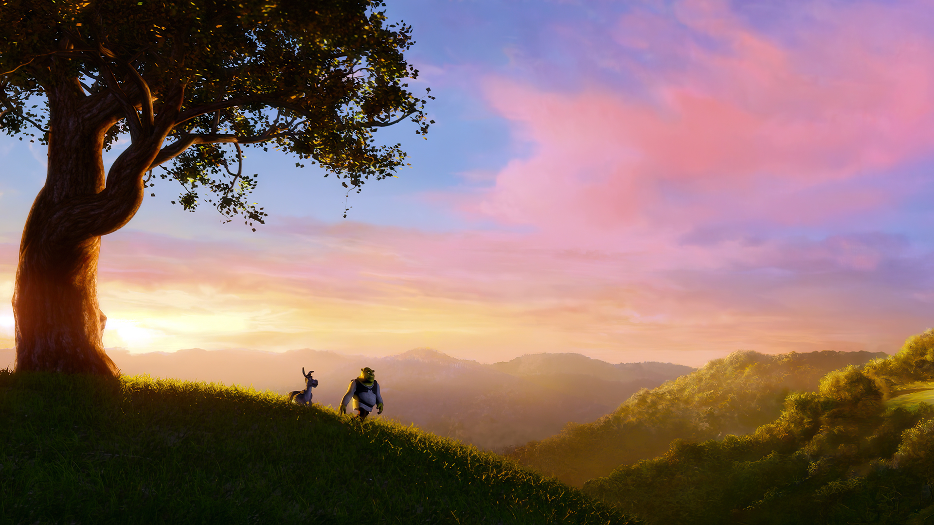 Shrek Donkey Sky Film Stills Animated Movies Sunset Sunset Glow CGi Grass Clouds 1920x1080
