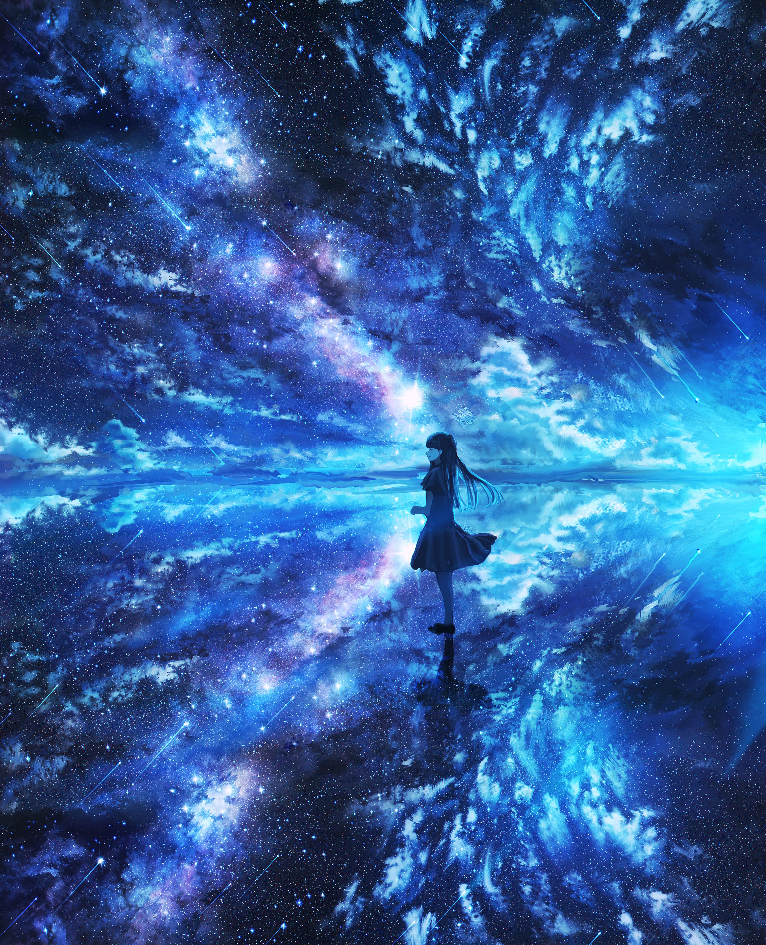 Kenzo 093 Anime Girls Starred Sky Starry Night RyuKoOh Meteor Streak Sky Night Stars Nebula Long Hai 3000x3700