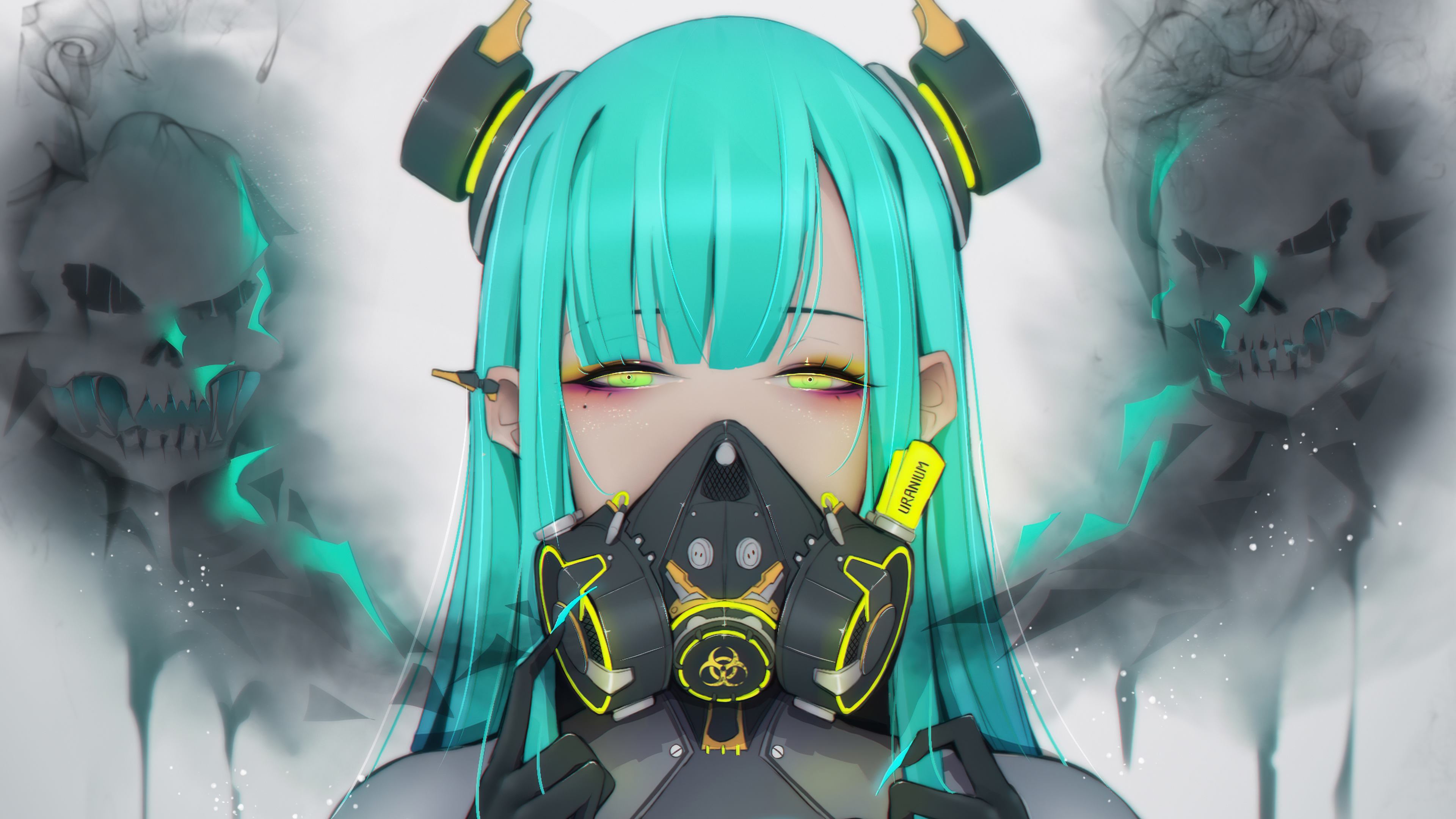 Anime Girls Gas Masks Green Eyes Blue Hair 3840x2160