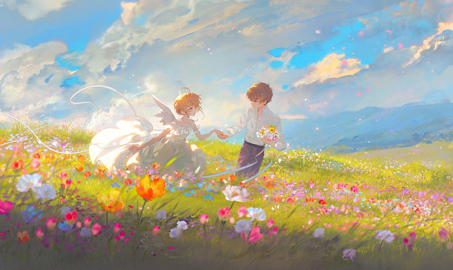 Anime Boys Anime Girls Flowers Grass Sky Clouds Holding Hands Wings Dress 1561x931